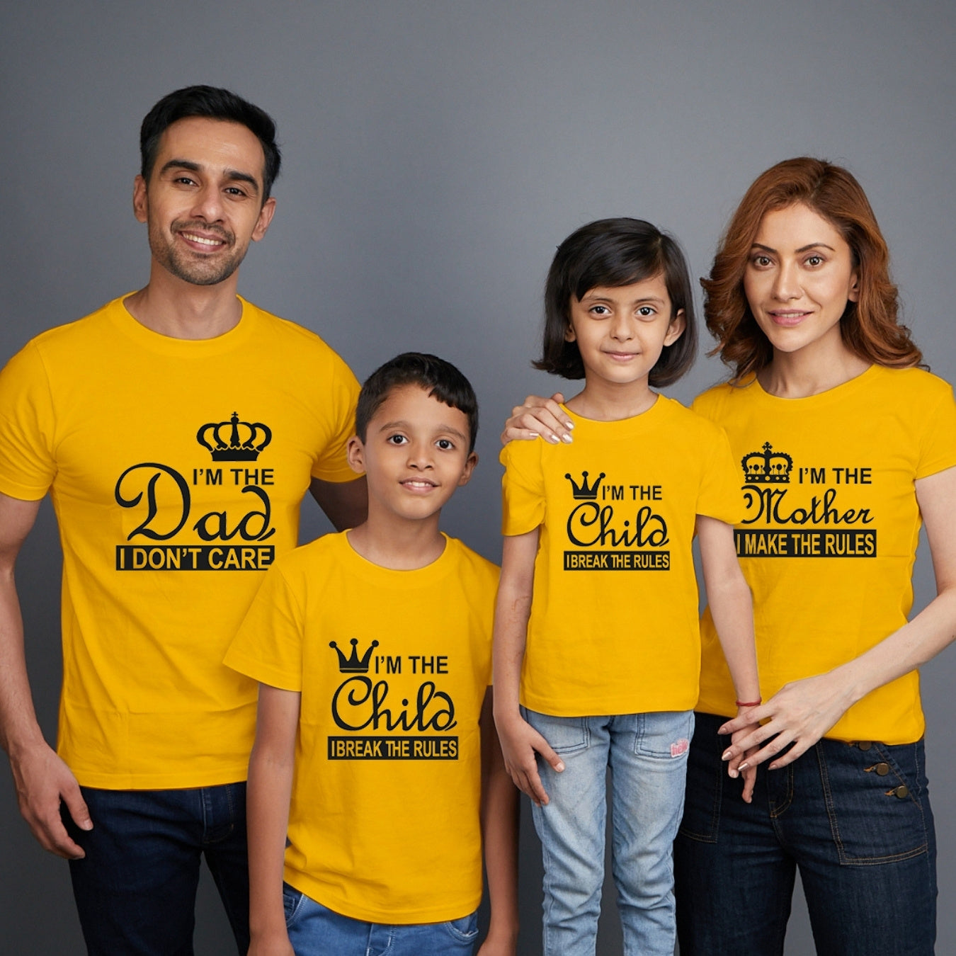 Family t shirts set of 4 Mom Dad Son Daughter in Yellow Colour - I Make Break The Rules Variant