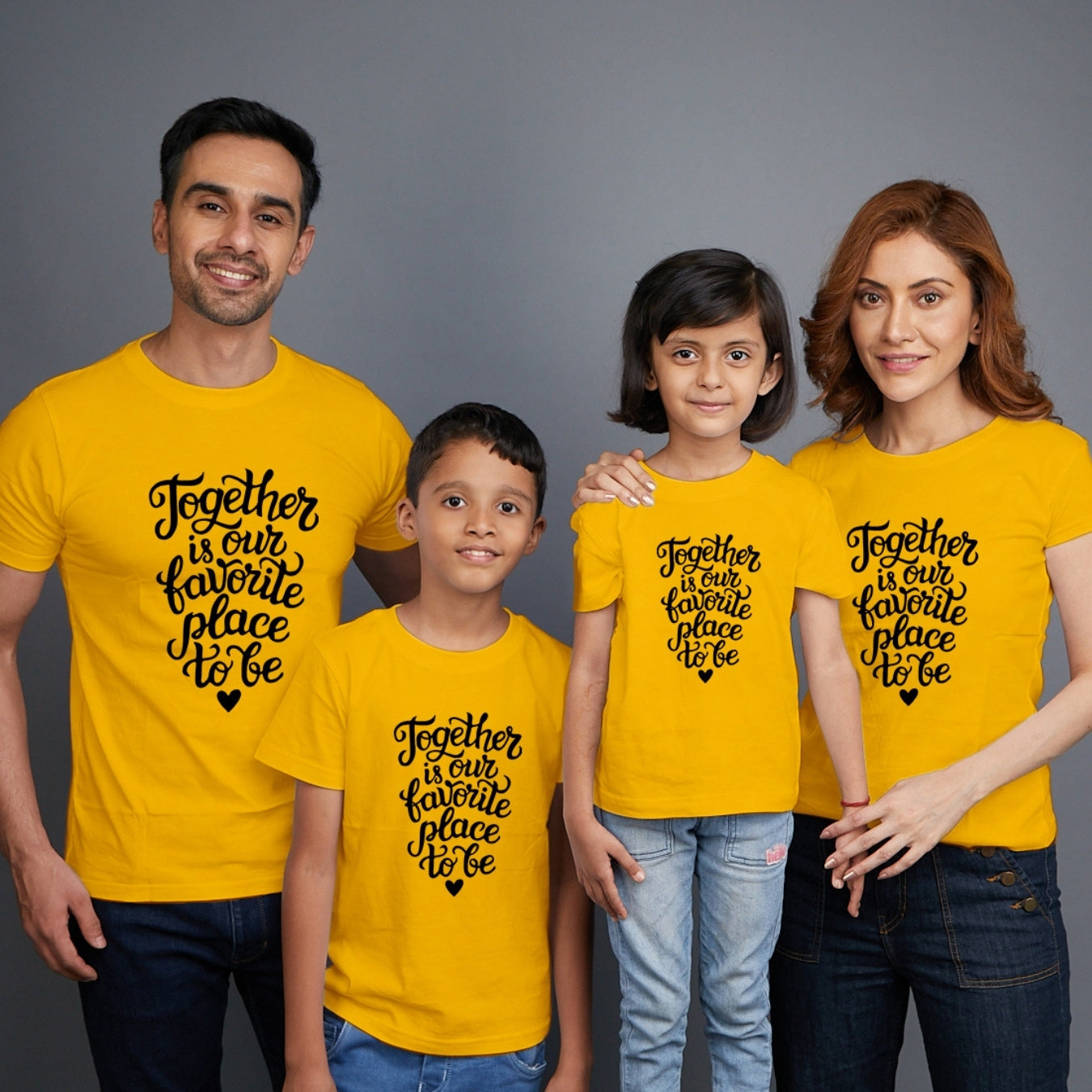 Family t shirts set of 4 Mom Dad Son Daughter in Yellow Colour - Together Is Our Favourite Place To Be Variant