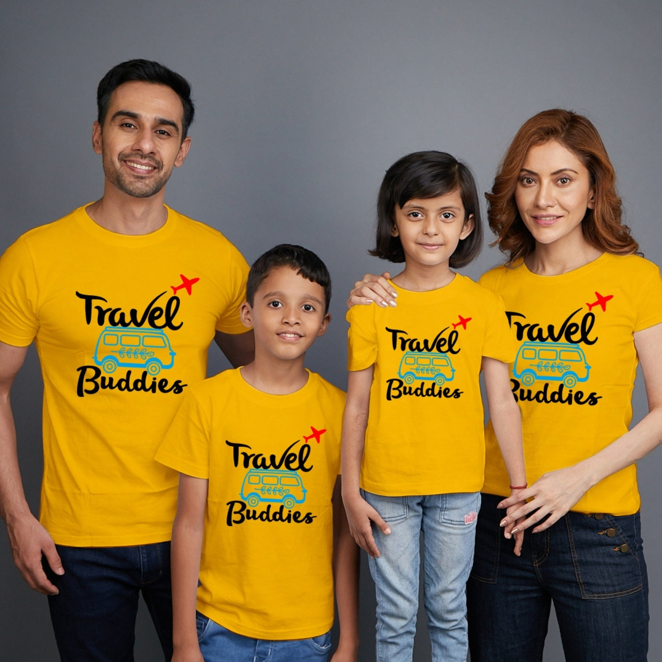 Family t shirts set of 4 Mom Dad Son Daughter in Yellow Colour - Travel Buddies Variant