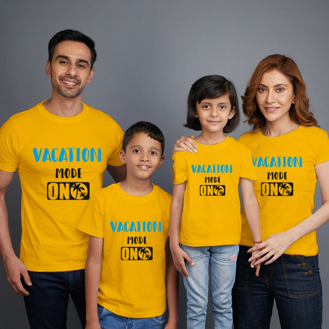 Family t shirts set of 4 Mom Dad Son Daughter in Yellow Colour - Vacation Mode On Variant