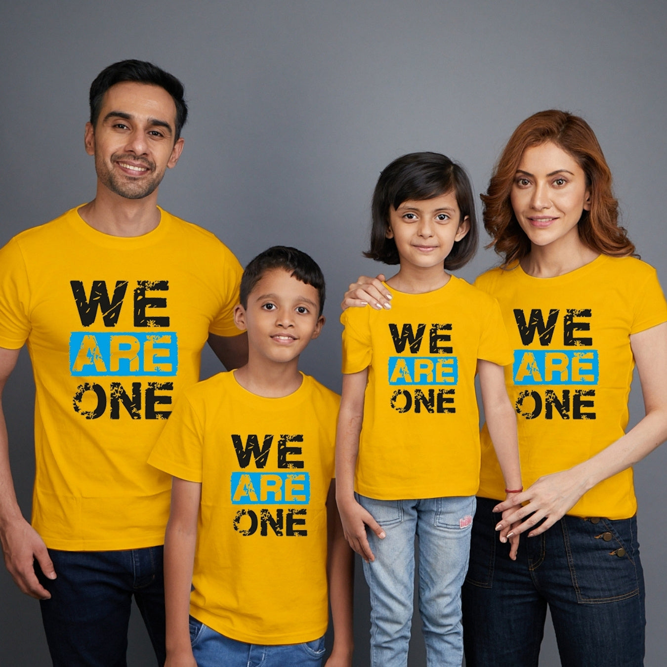 Family t shirts set of 4 Mom Dad Son Daughter in Yellow Colour - We Are One Variant