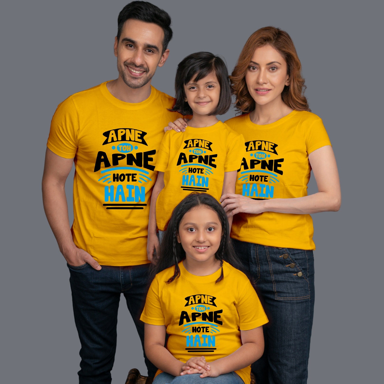 Family t shirts set of 4 Mom Dad Two Daughters in Yellow Colour - Apne Toh Apne Hote Hain Variant