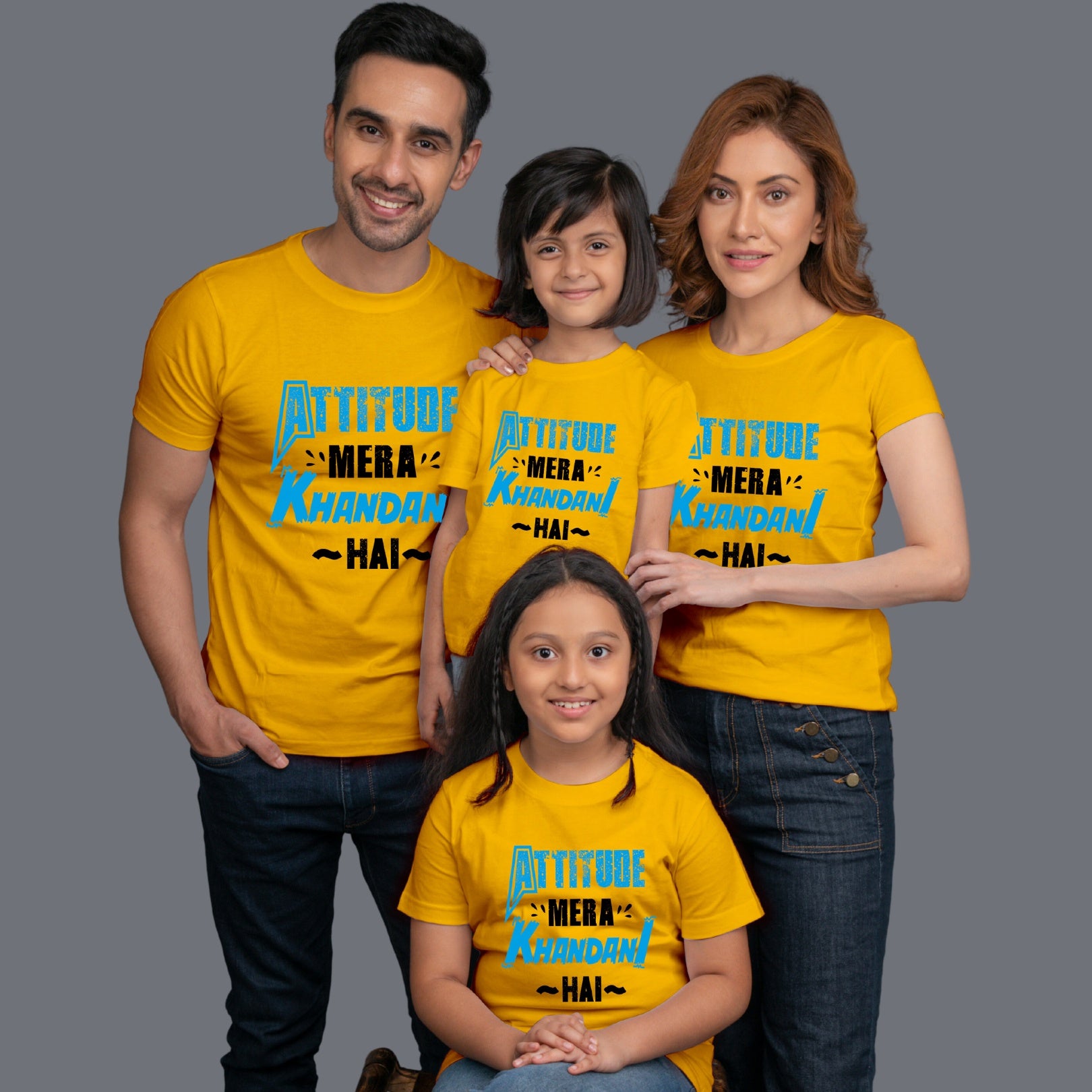 Family t shirts set of 4 Mom Dad Two Daughters in Yellow Colour - Attitude Mera Khandani Hain Variant