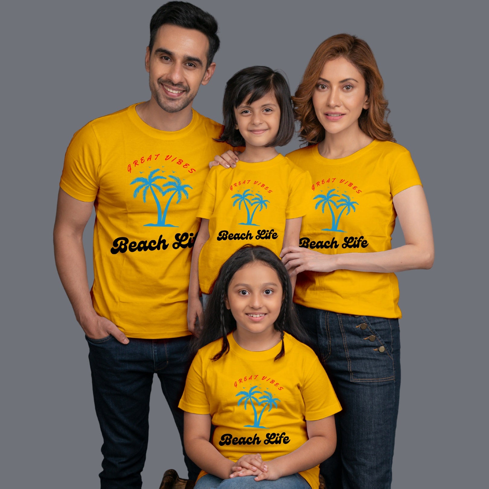 Family t shirts set of 4 Mom Dad Two Daughters in Yellow Colour - Beach Life Variant