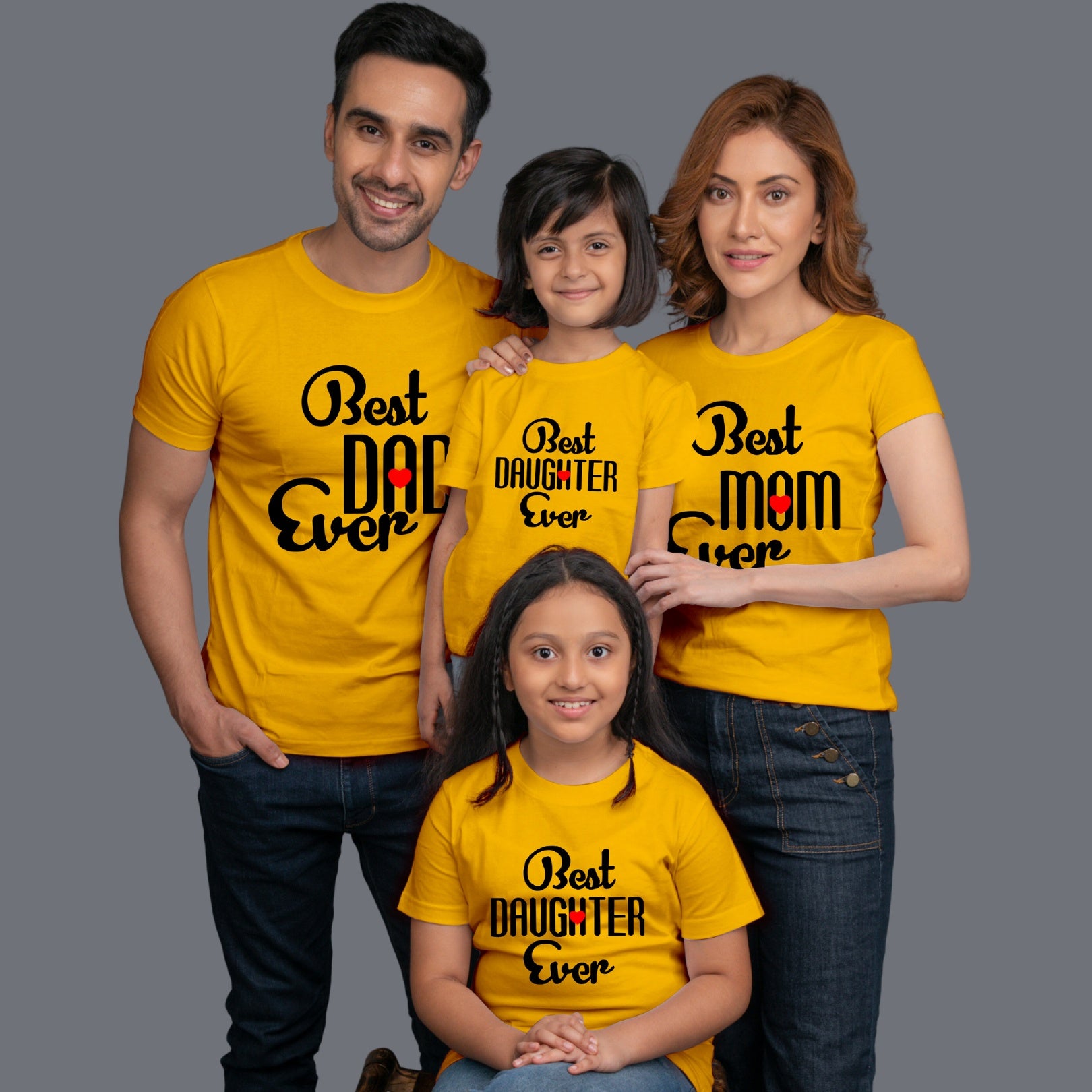 Family t shirts set of 4 Mom Dad Two Daughters in Yellow Colour - Best Mom Dad Daughter Ever Variant