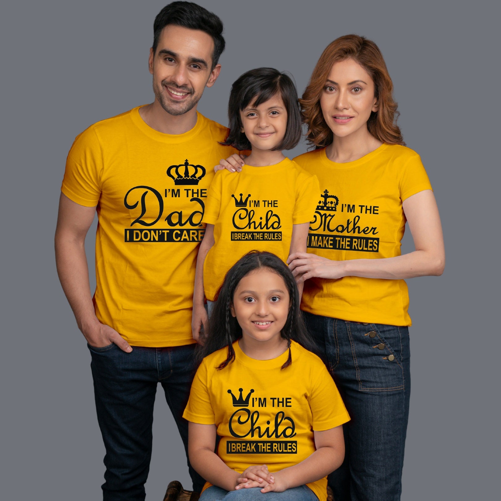 Family t shirts set of 4 Mom Dad Two Daughters in Yellow Colour - I Make Break The Rules Variant