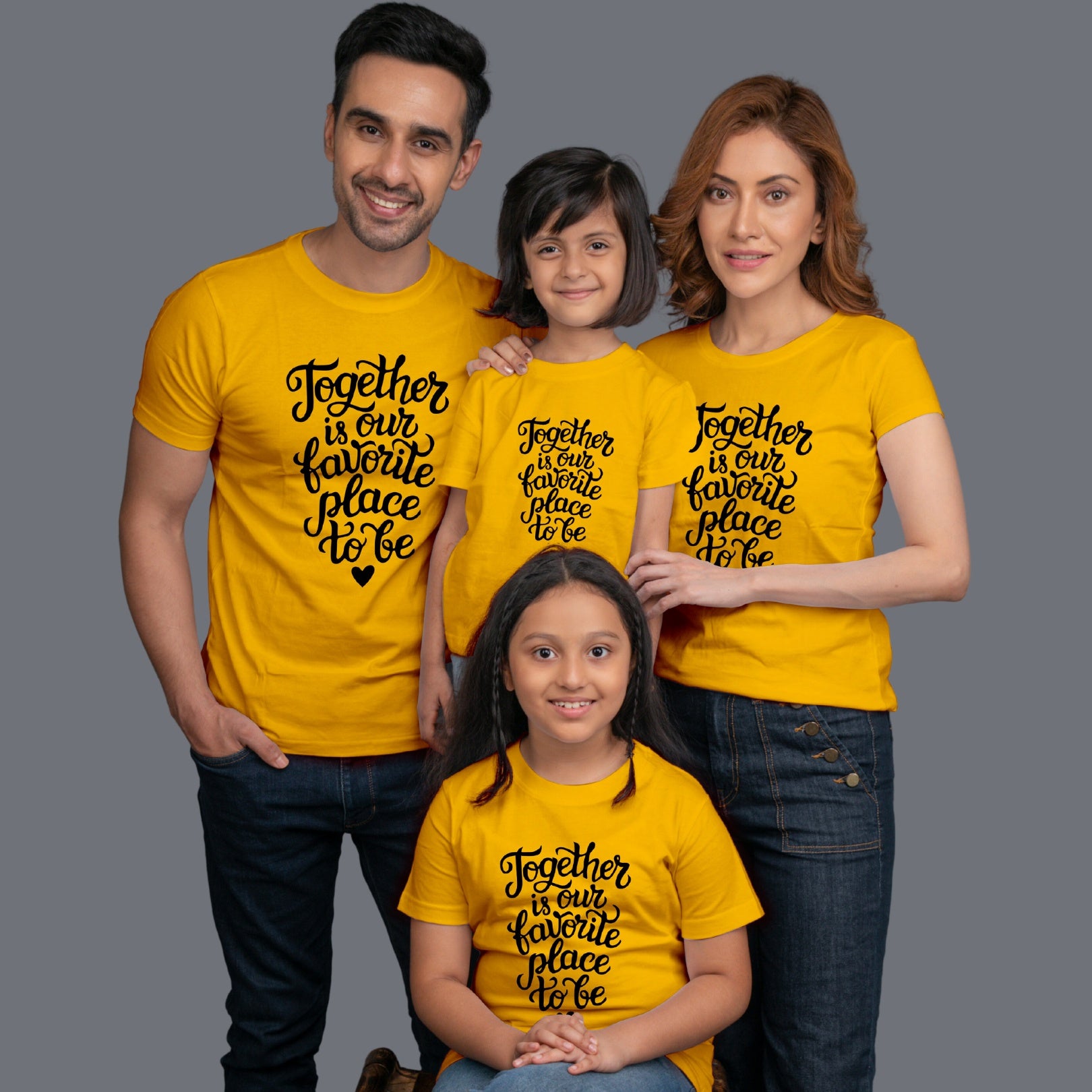Family t shirts set of 4 Mom Dad Two Daughters in Yellow Colour - Together Is Our Favourite Place To Be Variant