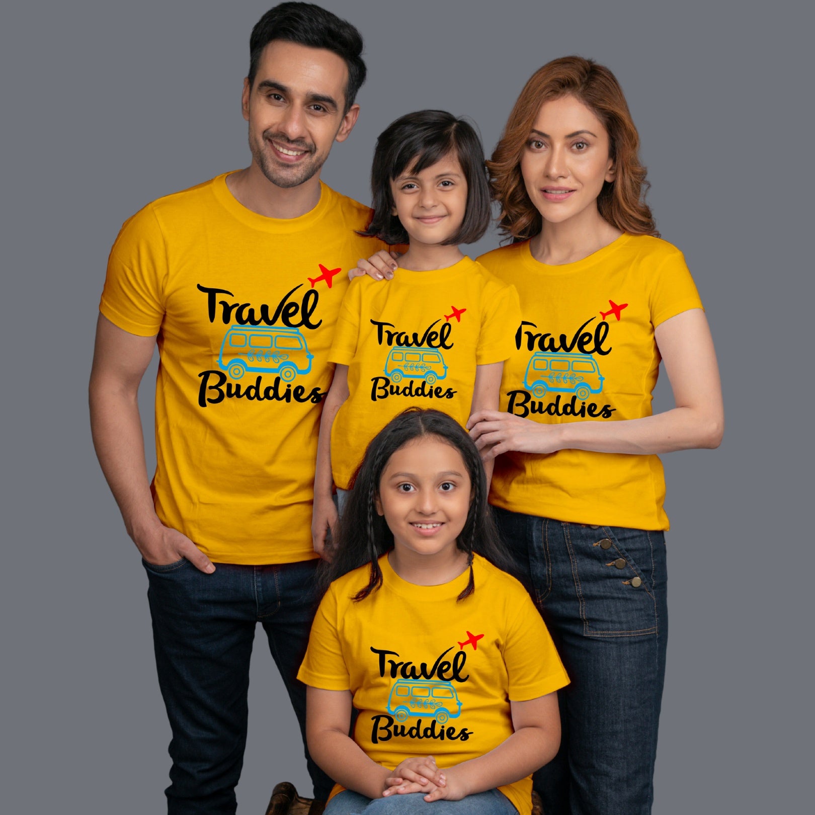 Family t shirts set of 4 Mom Dad Two Daughters in Yellow Colour - Travel Buddies