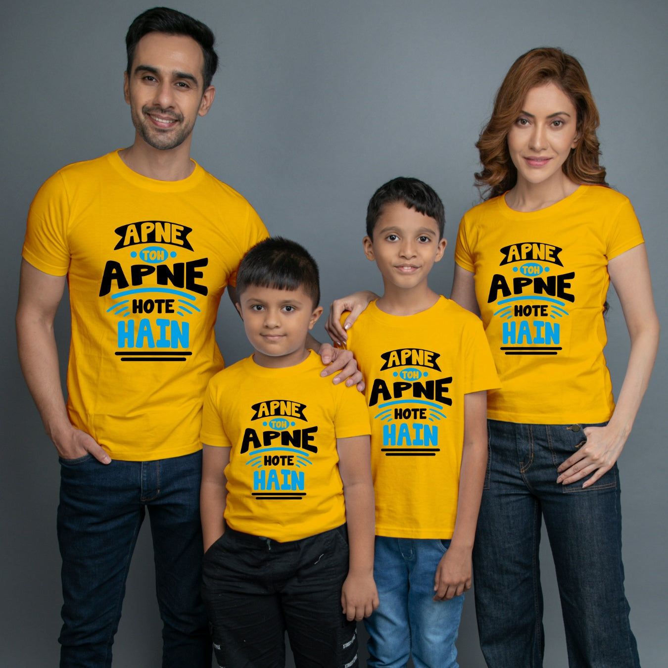 Family t shirts set of 4 Mom Dad Two Sons in Yellow Colour - Apne Toh Apne Hote Hain Variant