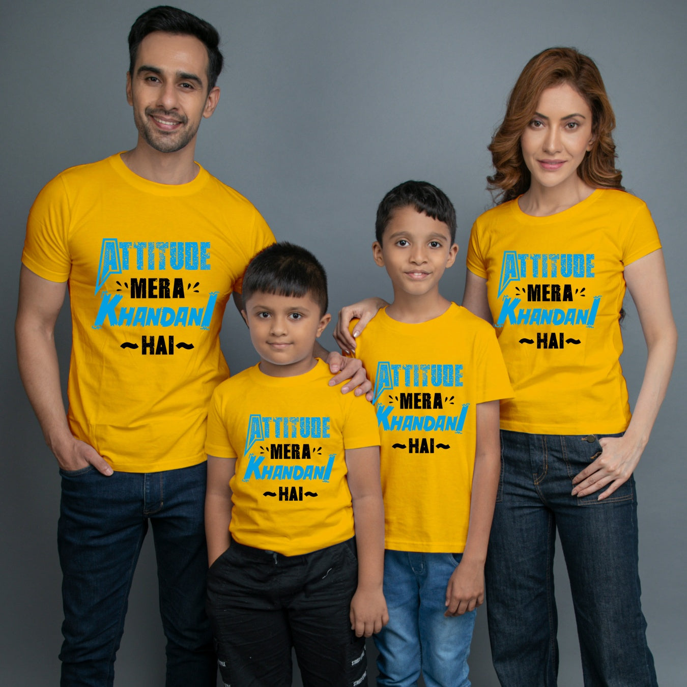 Family t shirts set of 4 Mom Dad Two Sons in Yellow Colour - Attitude Mera Khandani Hain Variant