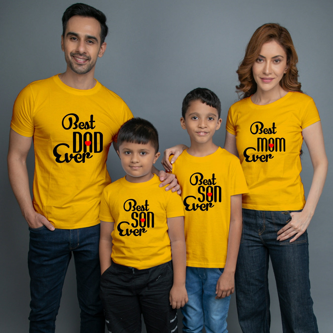 Family t shirts set of 4 Mom Dad Two Sons in Yellow Colour - Best Mom Dad Son Ever Variant