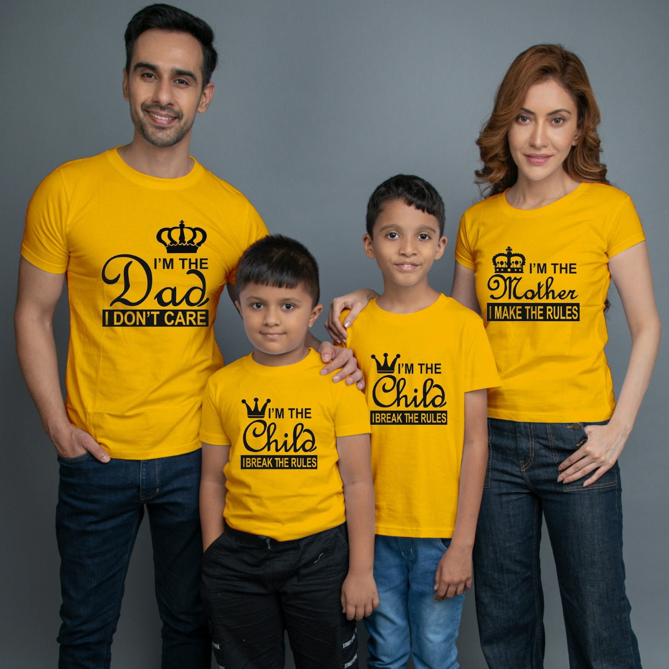 Family t shirts set of 4 Mom Dad Two Sons in Yellow Colour - I Make Break The Rules Variant