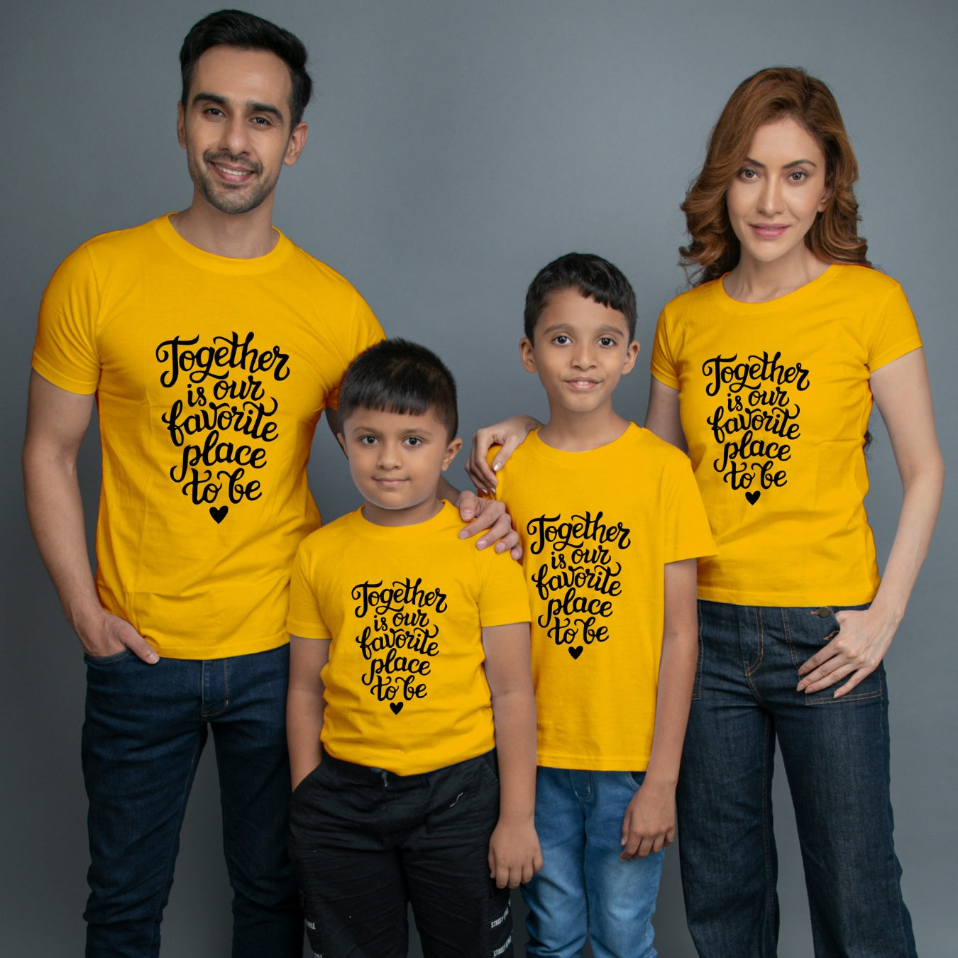Family t shirts set of 4 Mom Dad Two Sons in Yellow Colour - Together Is Our Favourite Place To Be Variant