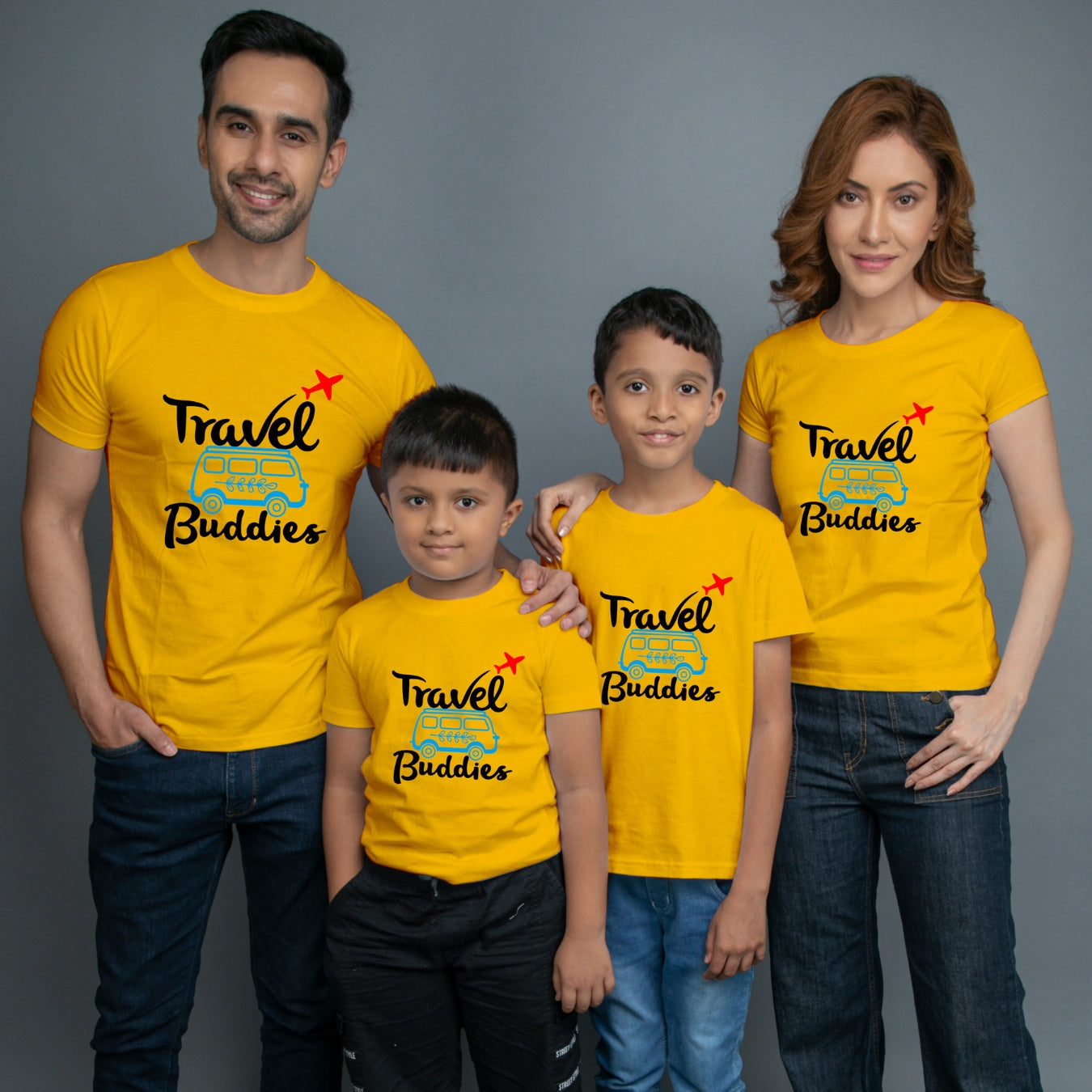 Family t shirts set of 4 Mom Dad Two Sons in Yellow Colour - Travel Buddies