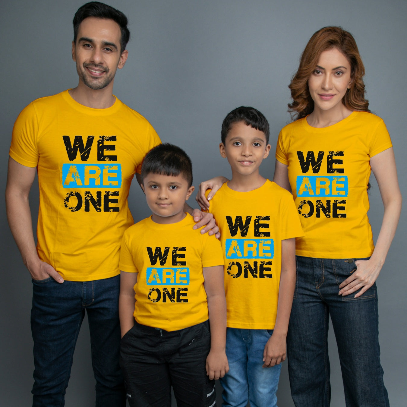 Family t shirts set of 4 Mom Dad Two Sons in Yellow Colour - We Are One Variant