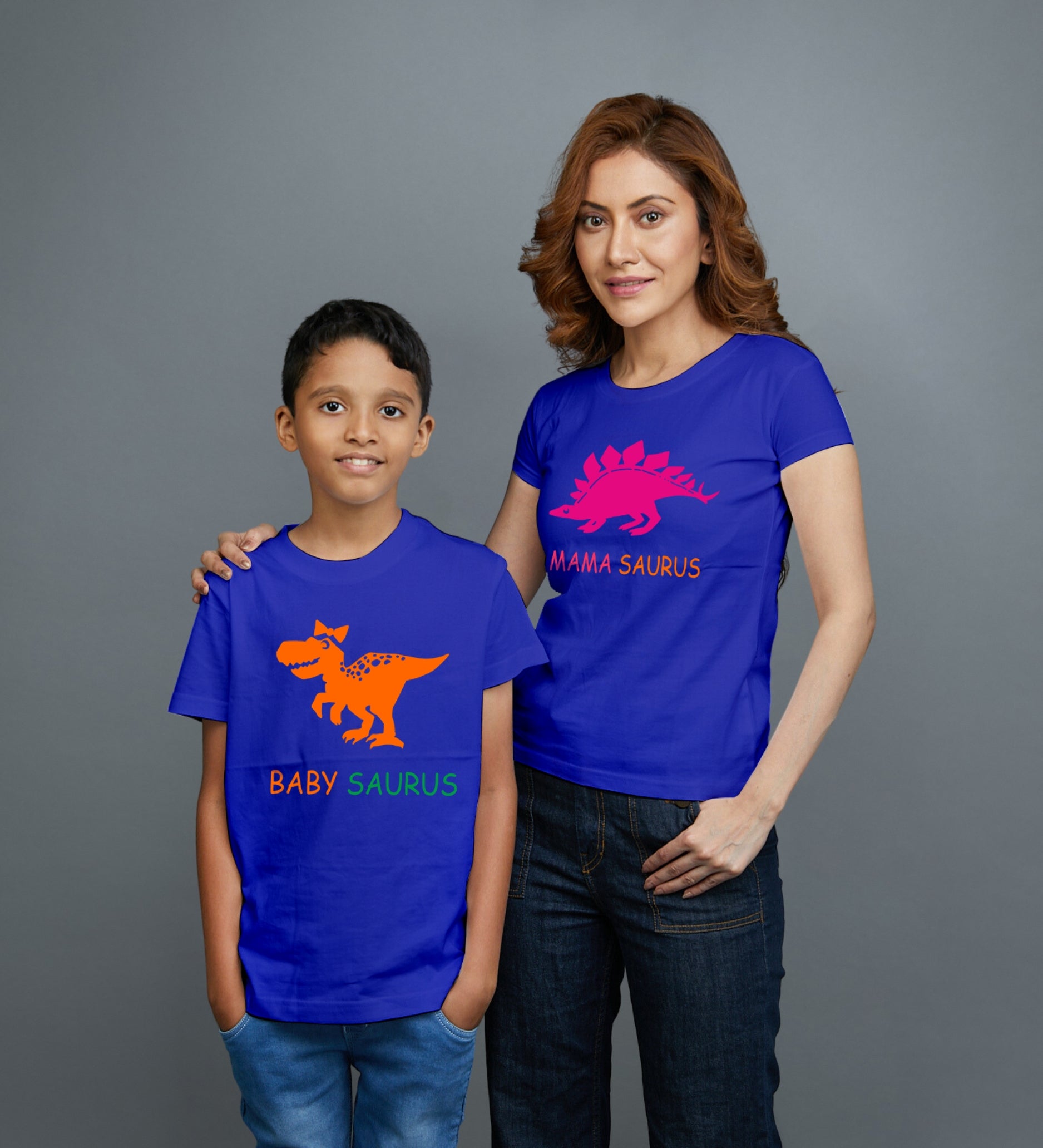 Family of 2 t shirt for Mom Son in Blue Colour- Dino Family Variant