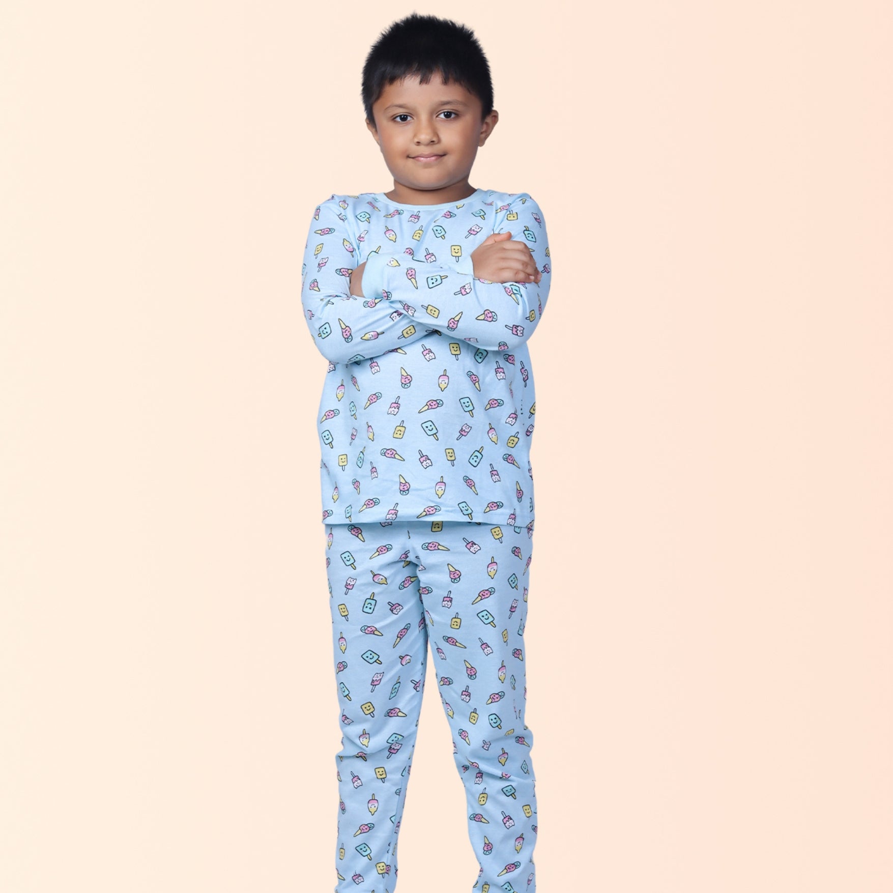 Full Sleeve Night Suit For Boy In Blue Colour - Ice Cream