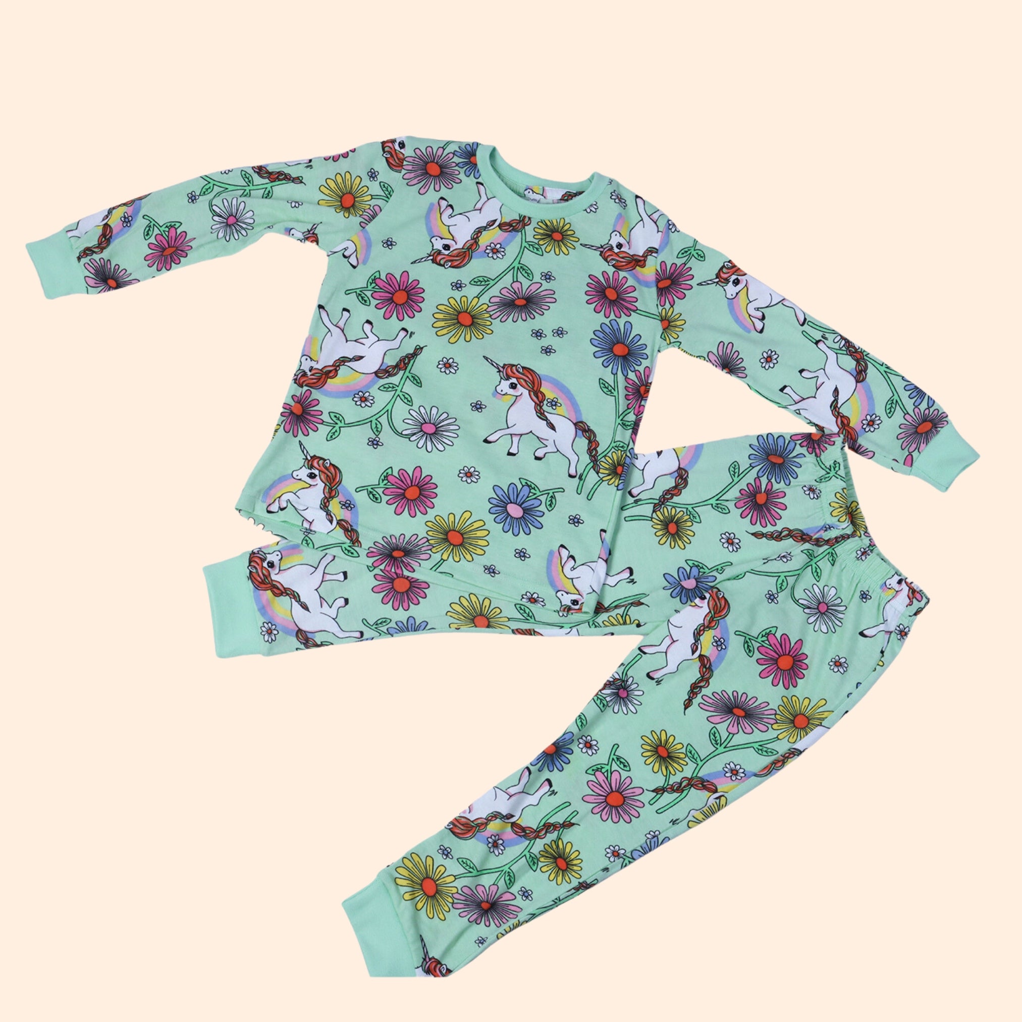 Full Sleeve Night Suit For Boy In Green Colour - Unicorn & Floral variant