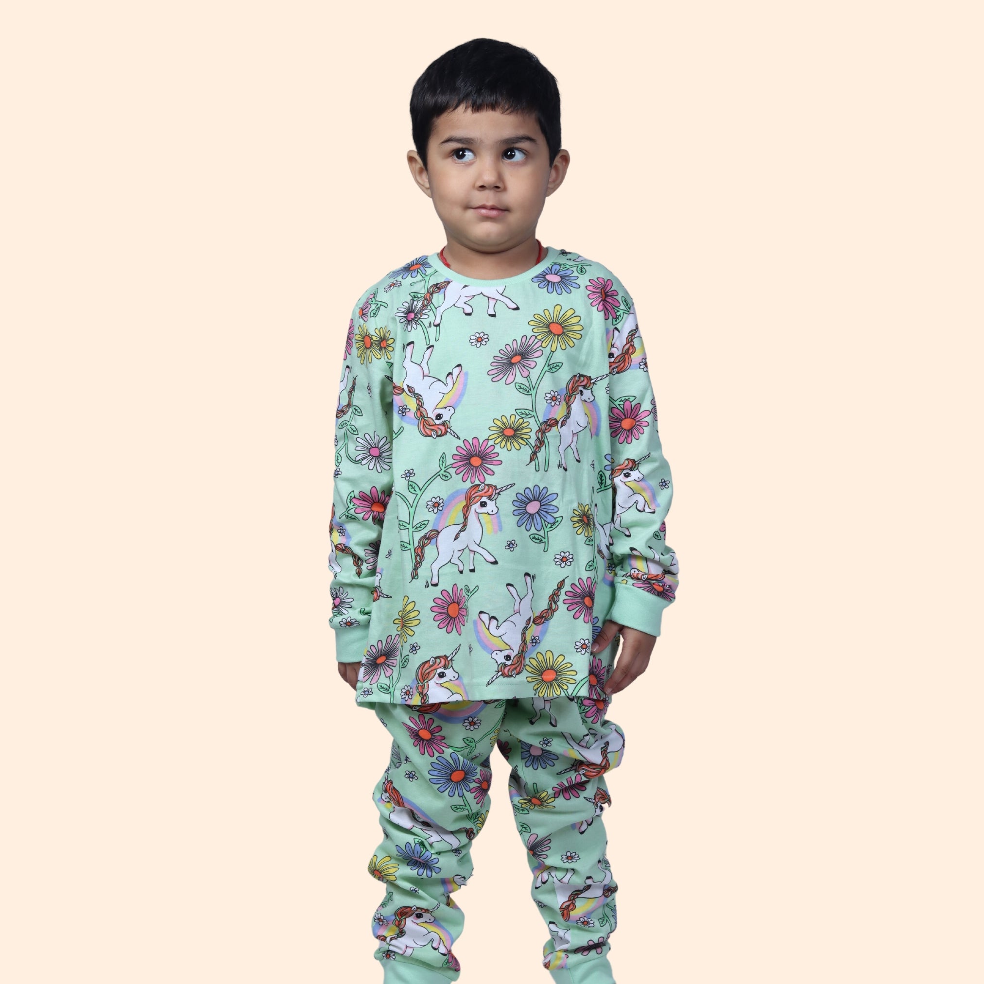 Full Sleeve Night Suit For Boy In Green Colour - Unicorn & Floral