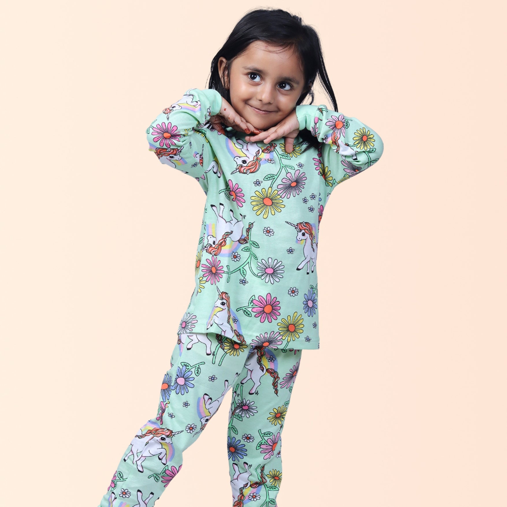 full sleeve night suit green for girl unicorn and floral