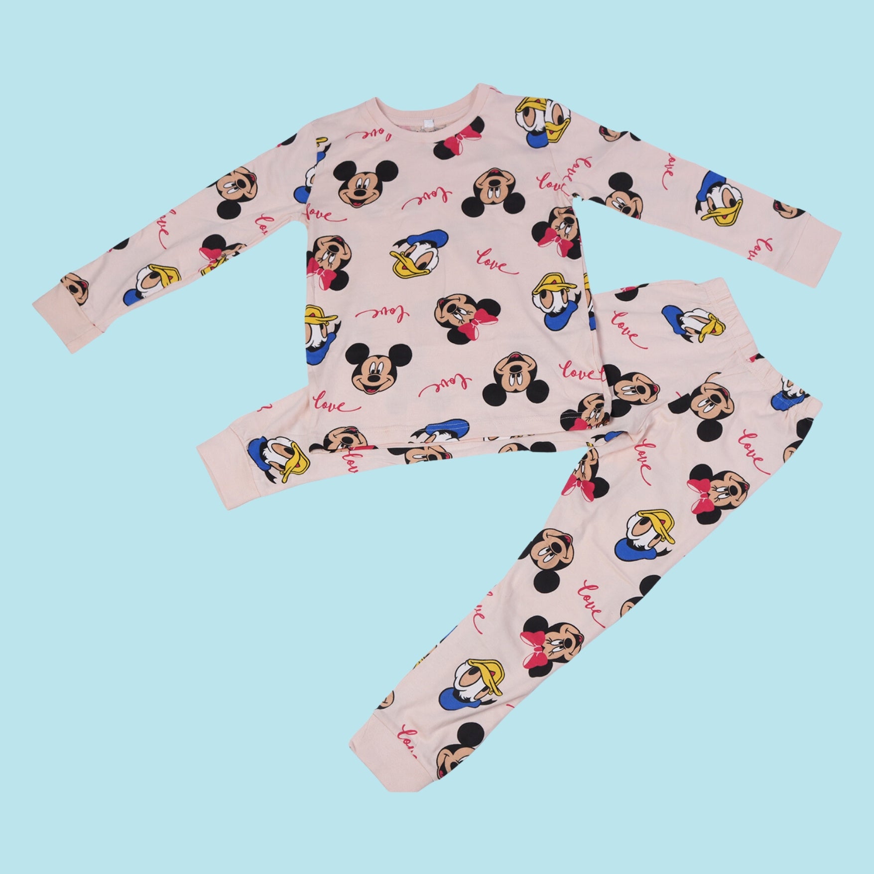 Full Sleeve Night Suit For Boy In Peach Colour - Mickey Minnie