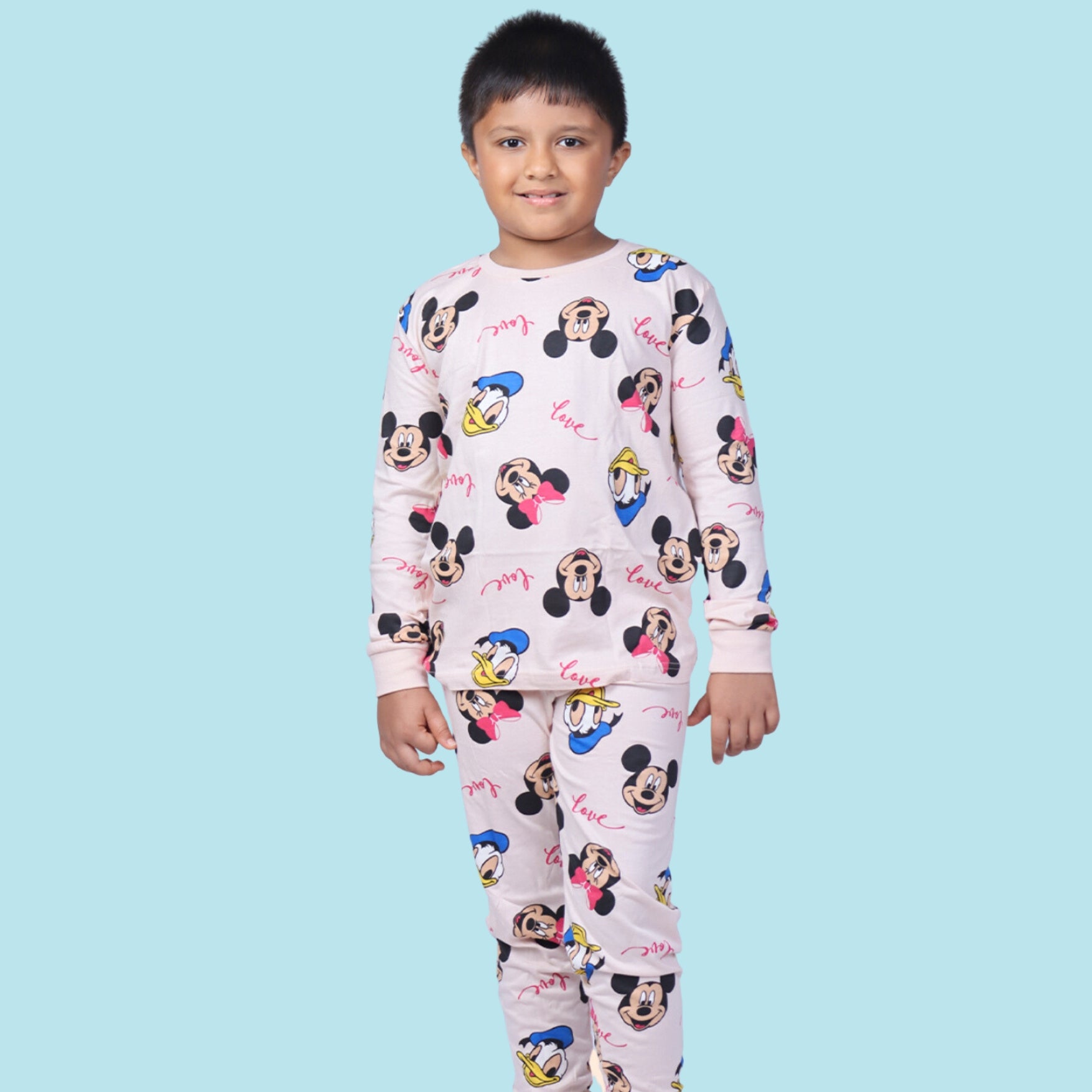 Full Sleeve Night Suit For Boy In Peach Colour - Mickey Minnie
