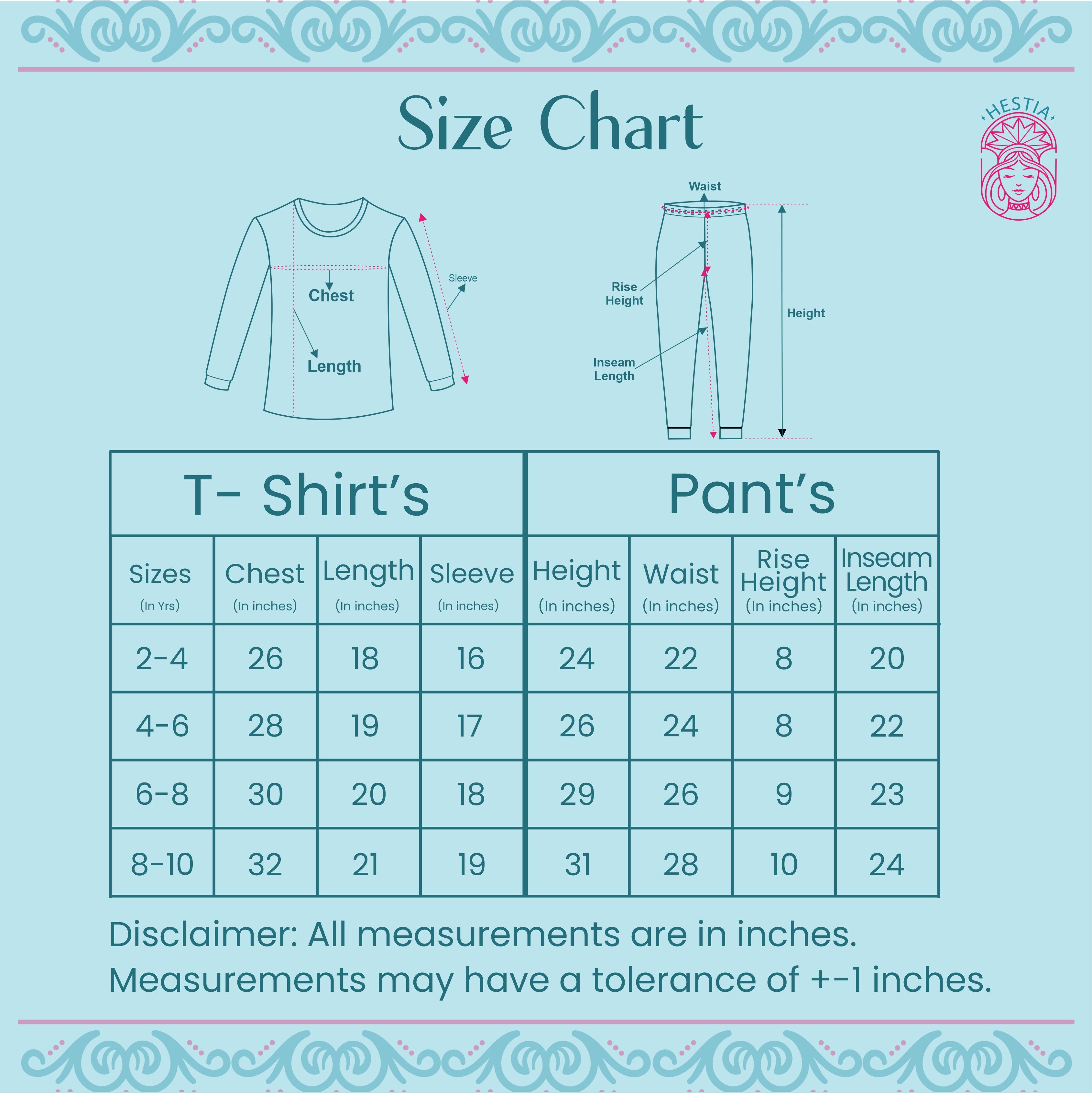 Full Sleeve Night Suit For Girl In Pink Colour - Black Hearts - Size Chart
