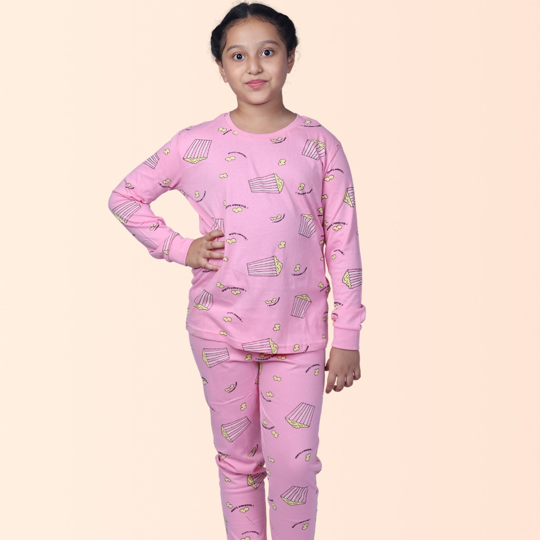 Full Sleeve Night Suit For Girl In Pink Colour - Popcorn