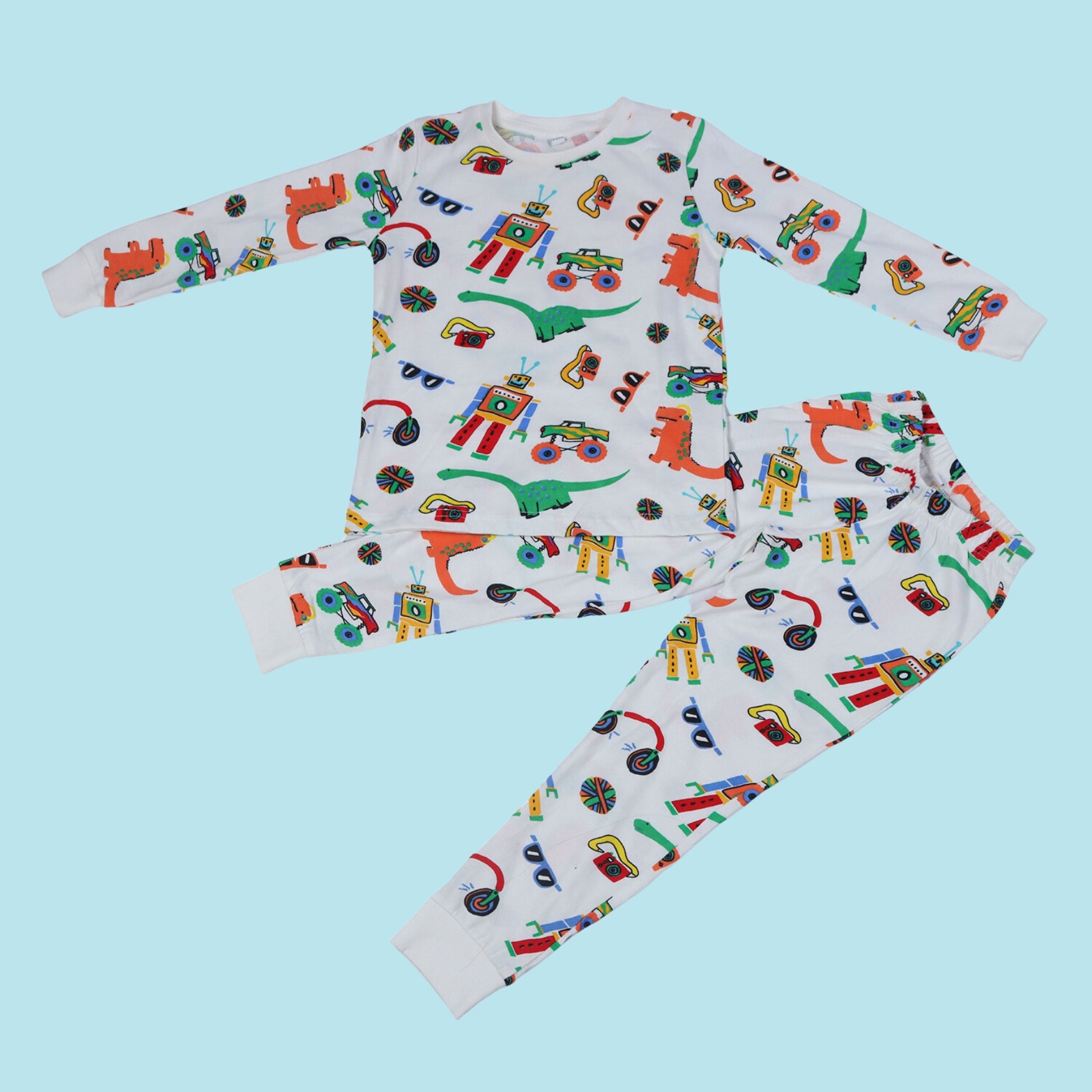Full Sleeve Night Suit For Boy In White Colour - Robots & Toys