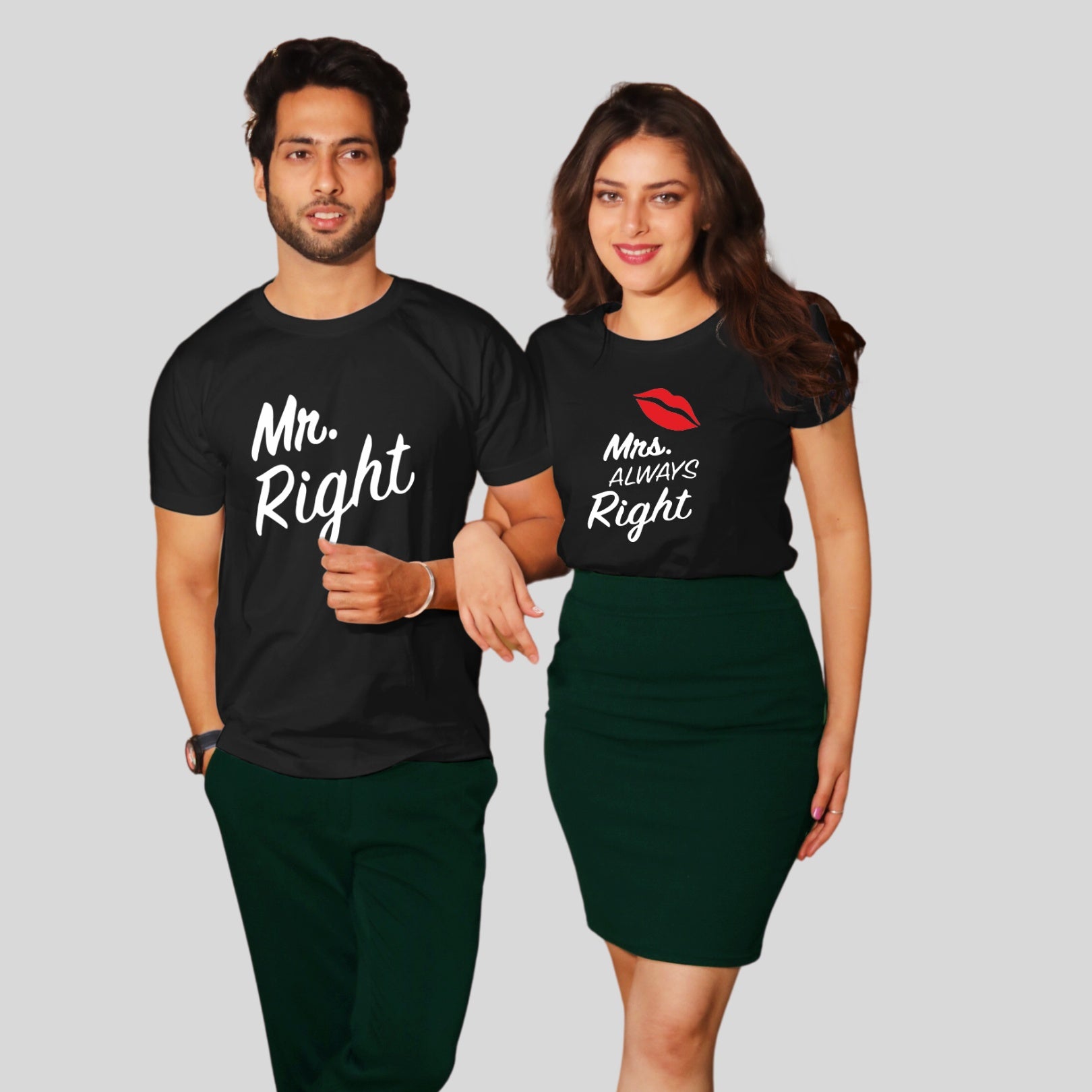 Couple T Shirt For Husband Wife In Black Colour - Mr Right Mrs Always Right Variant