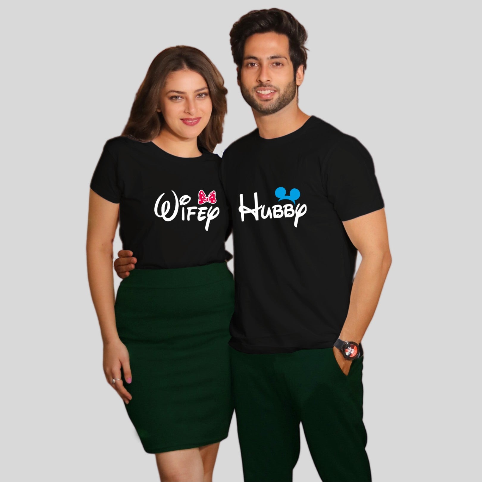 Couple T Shirt For Husband Wife In Black Colour - Hubby Wifey Variant