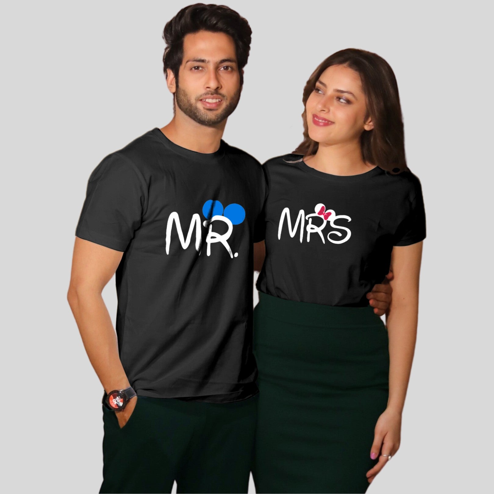 Couple T Shirt For Husband Wife In Black Colour - Mr Mrs Variant