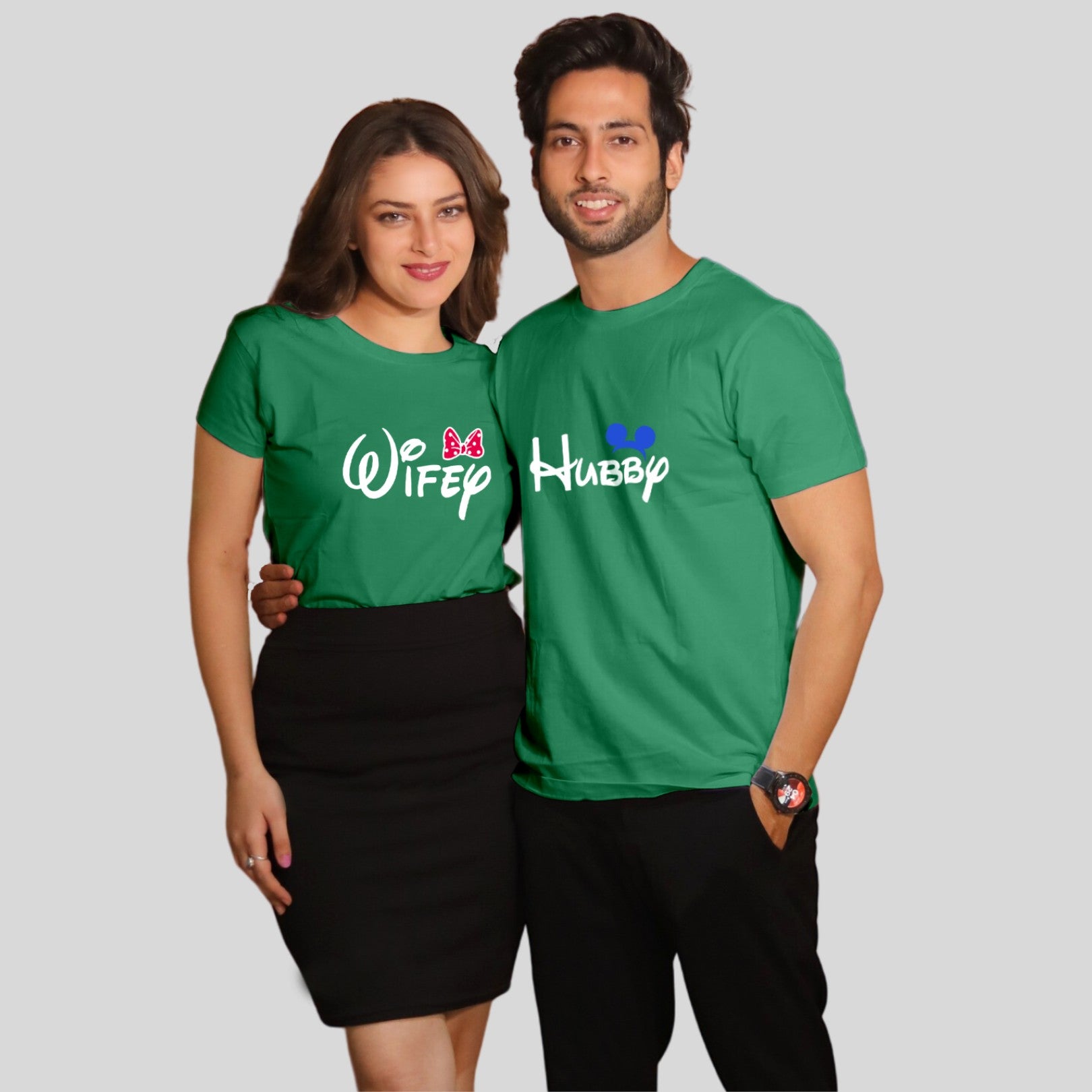 Couple T Shirt For Husband Wife In Green Colour - Hubby Wifey Variant