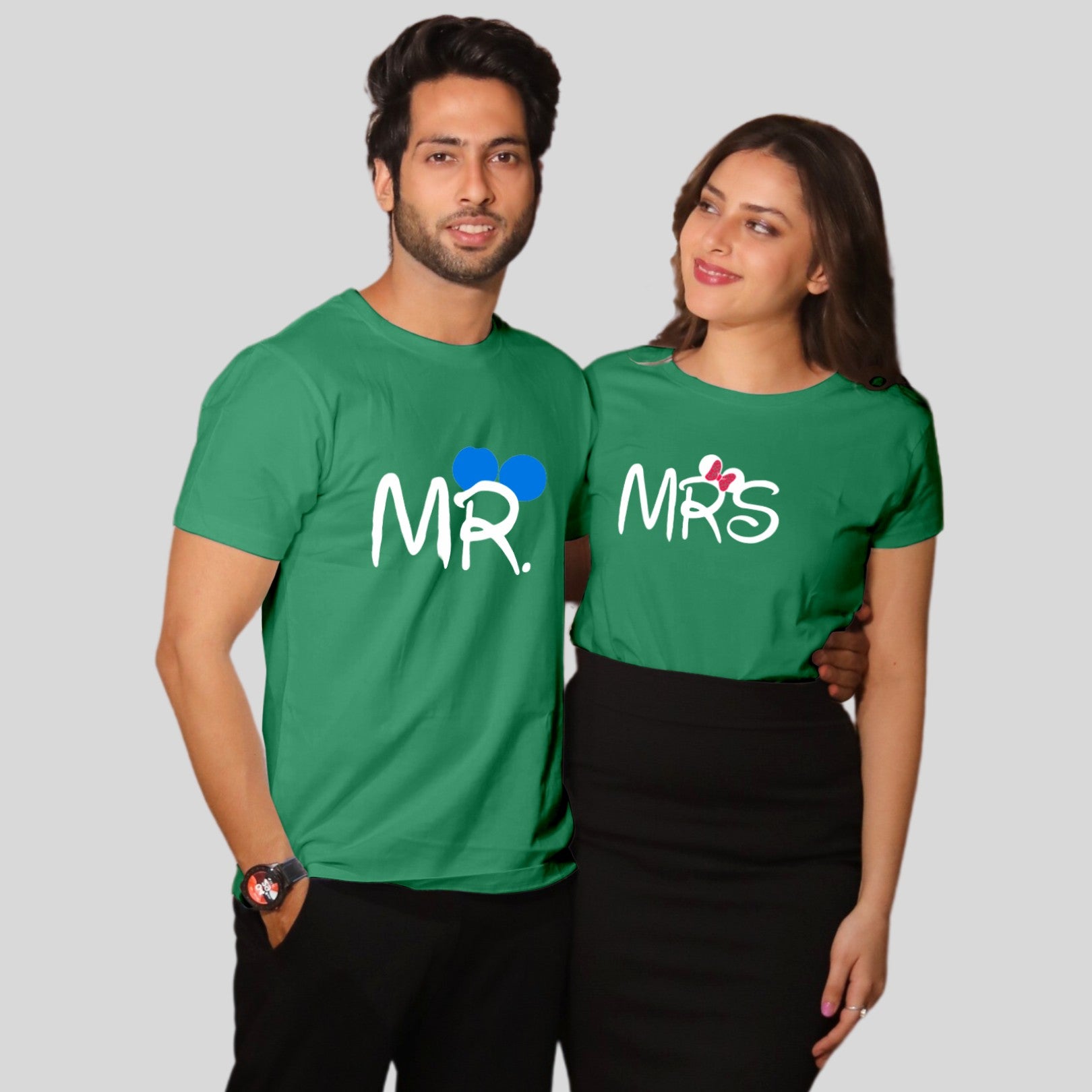 Couple T Shirt For Husband Wife In Green Colour - Mr Mrs Variant