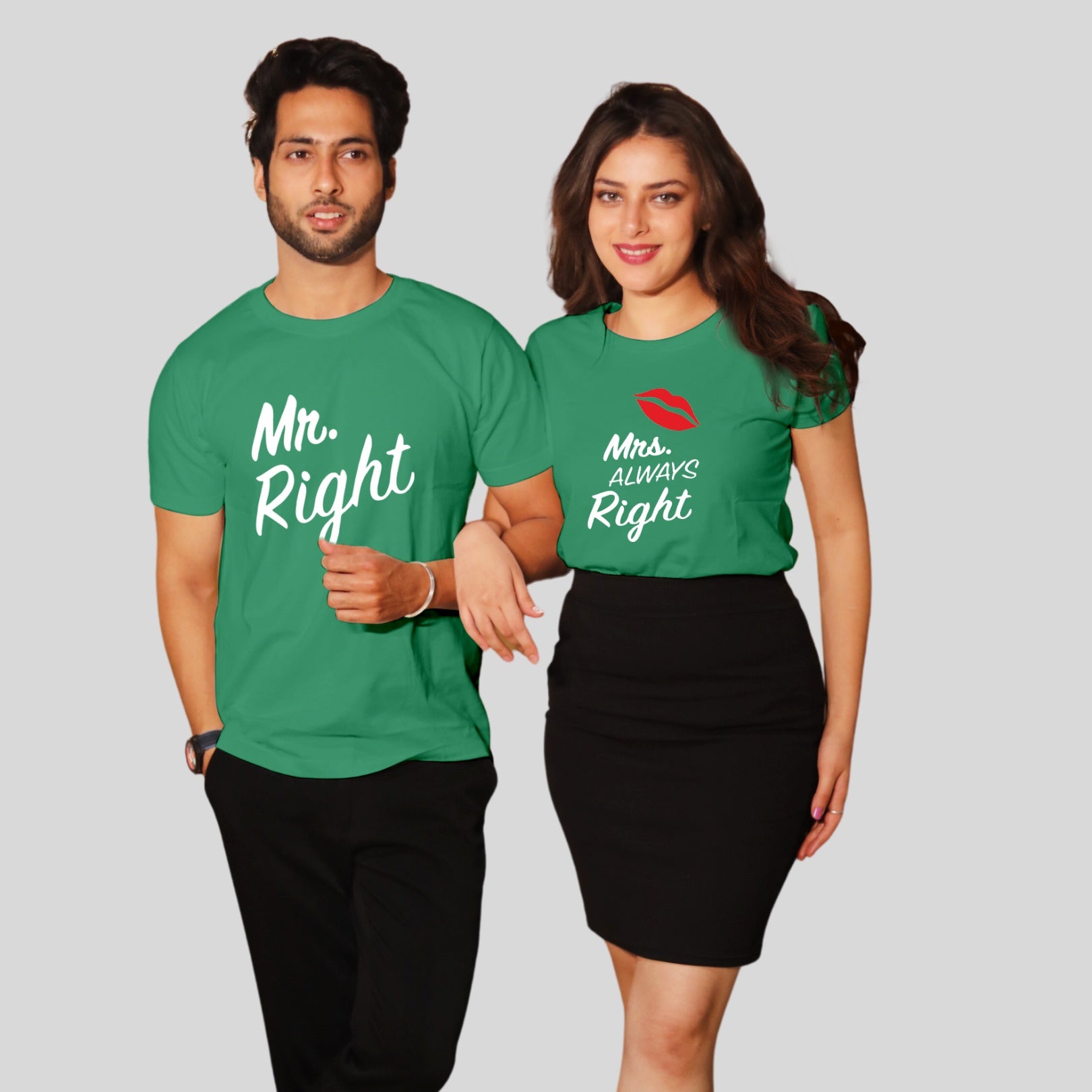 Couple T Shirt For Husband Wife In Geen Colour - Mr Right Mrs Always Right Variant