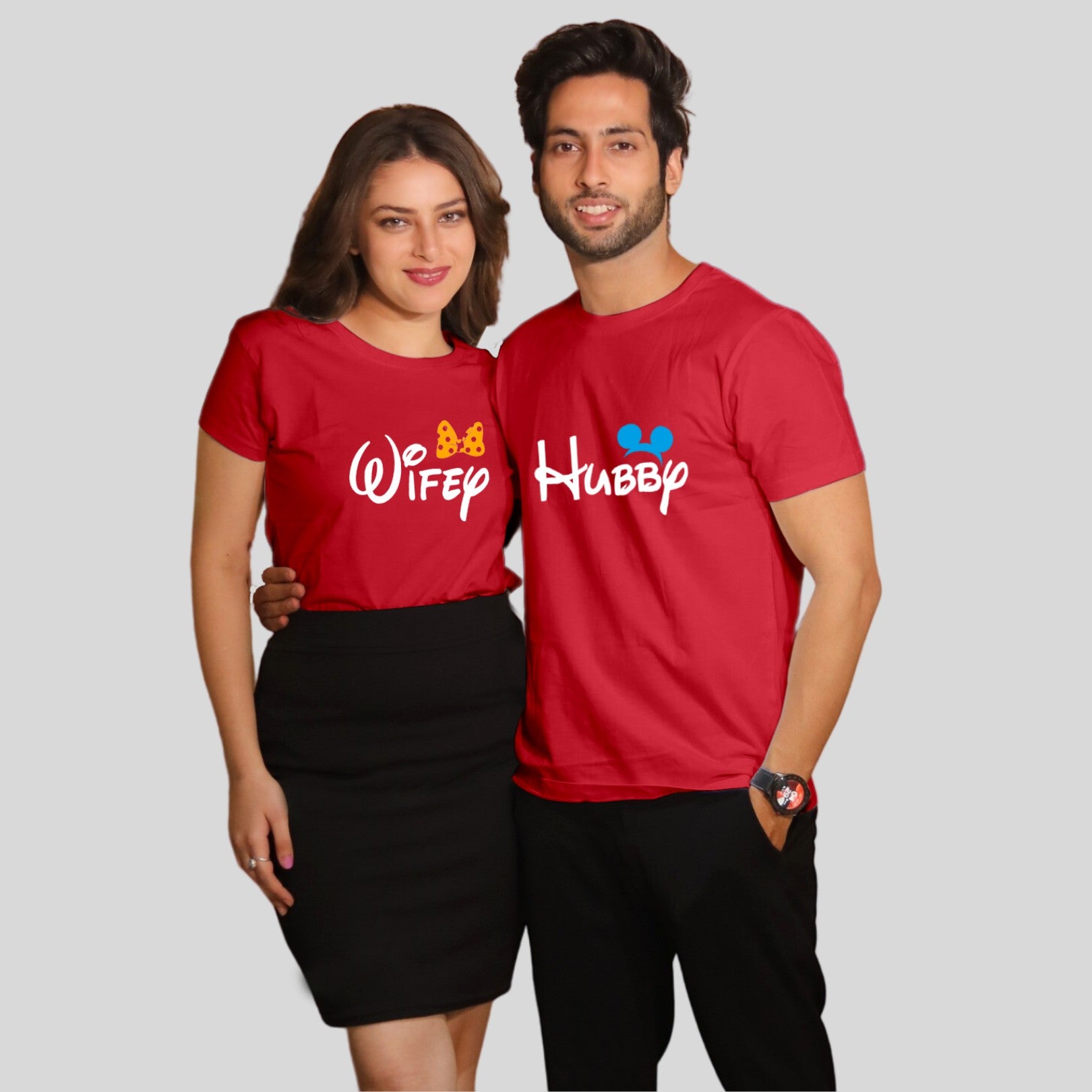 Couple T Shirt For Husband Wife In Red Colour - Hubby Wifey Variant