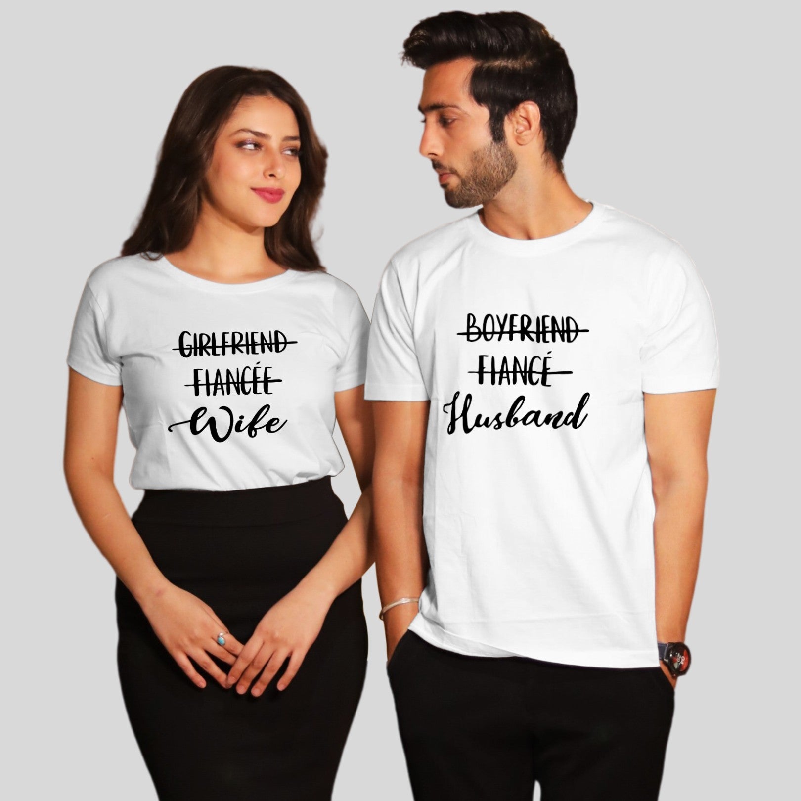 Couple T Shirt for Husband Wife In White Colour - GF Fiance Wife BF Fiance Husband Variant