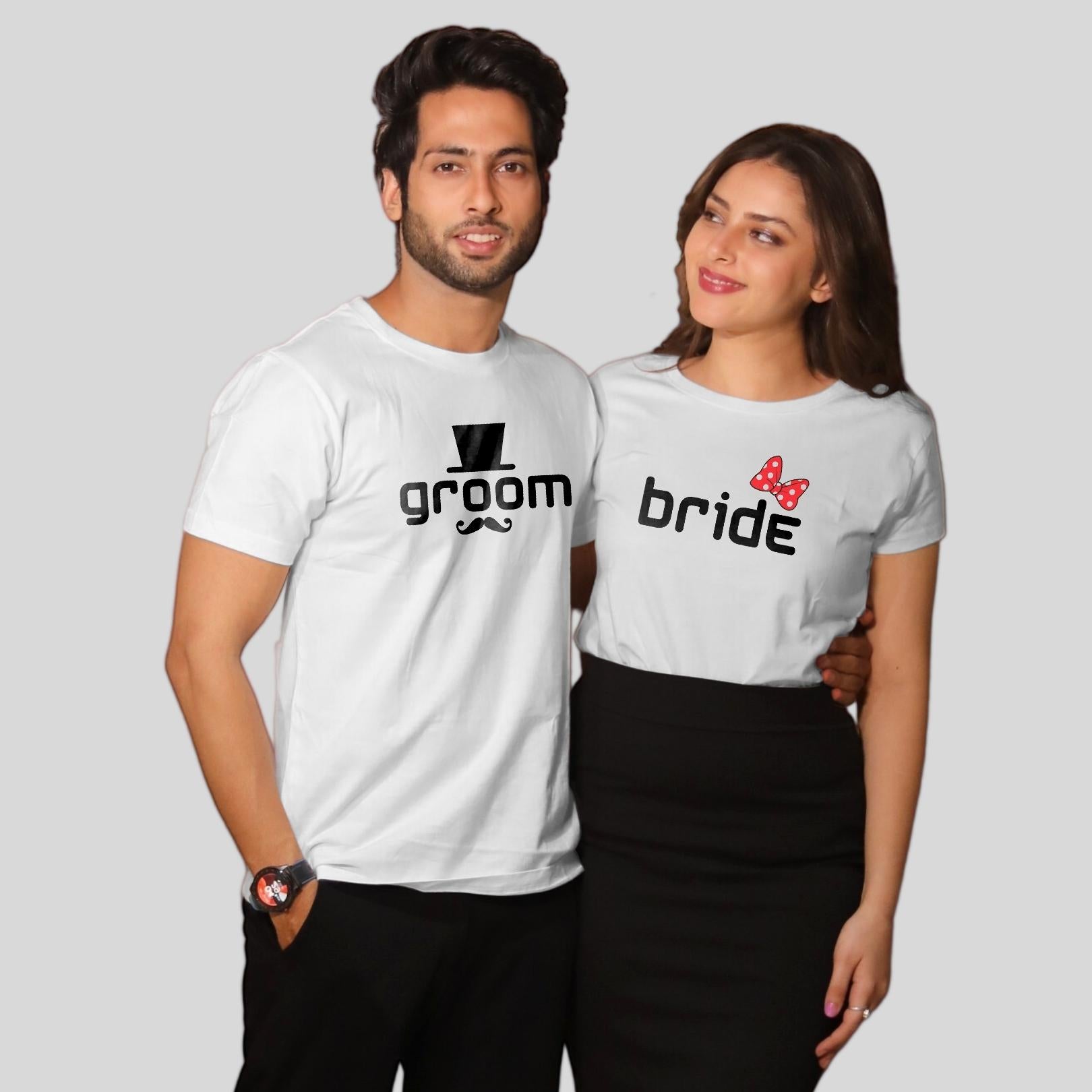 Couple T Shirt For Husband Wife In White Colour - Groom Bride Variant