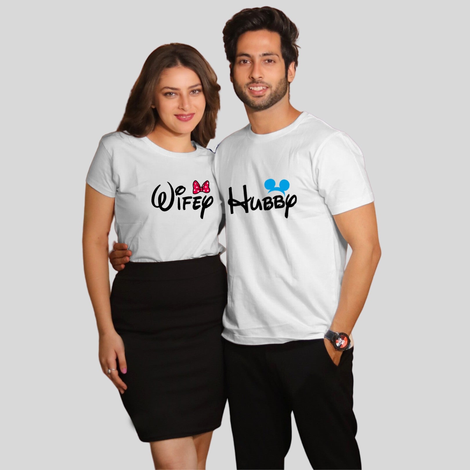 Couple T Shirt For Husband Wife In White Colour - Hubby Wifey Variant