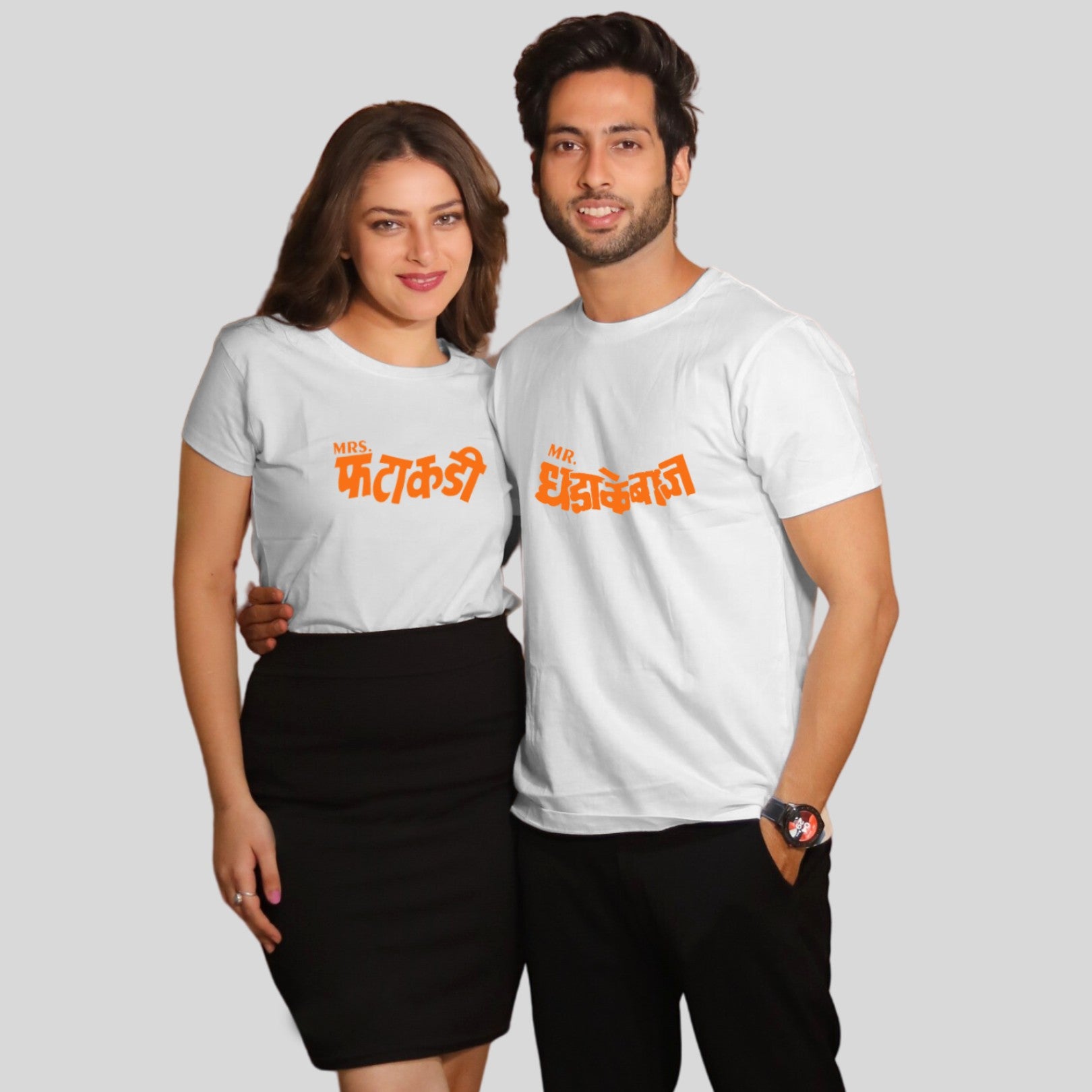 Couple T Shirt In White Colour - Mr Dhadakebaaz Mrs Fatakadi