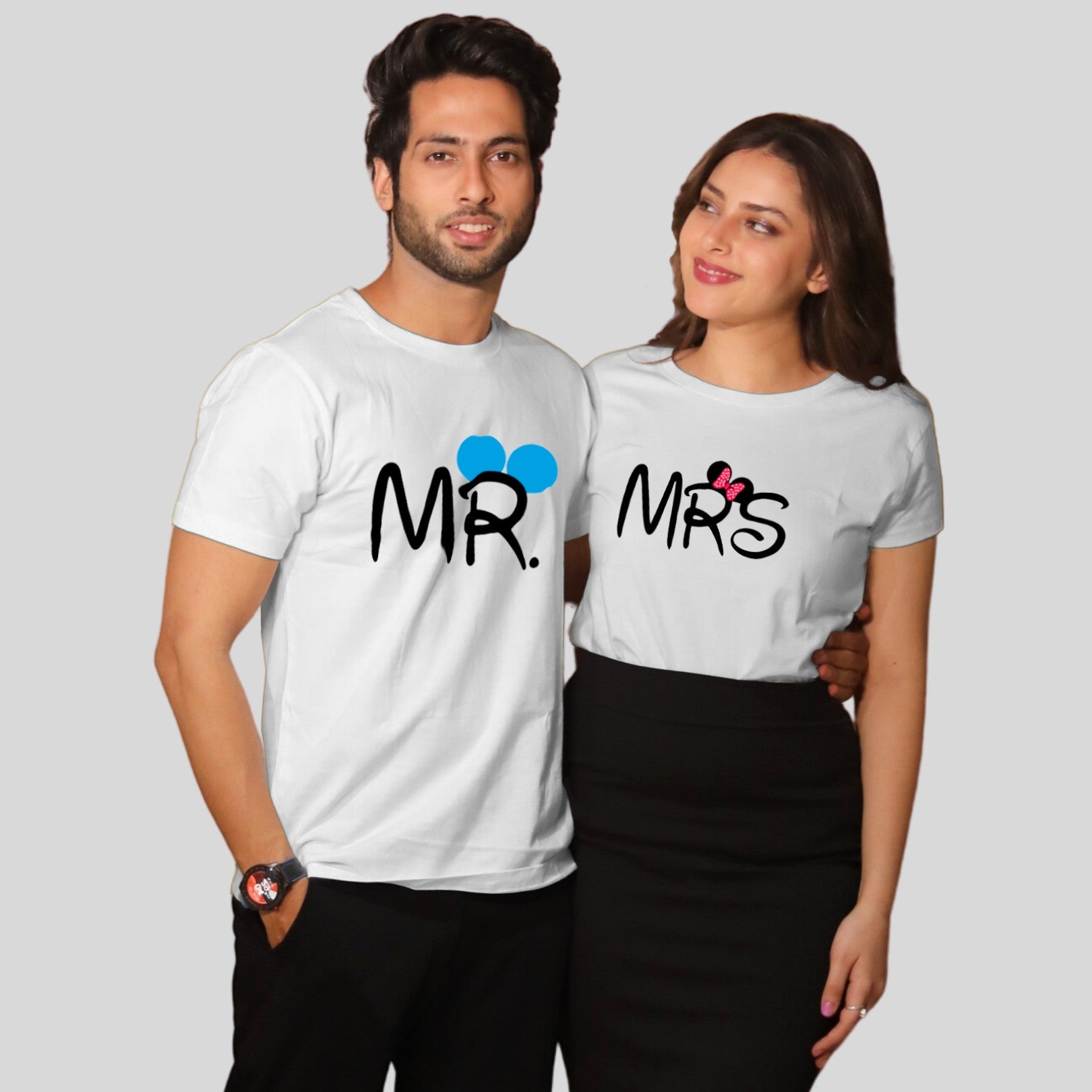 Couple T Shirt For Husband Wife In White Colour - Mr Mrs Variant