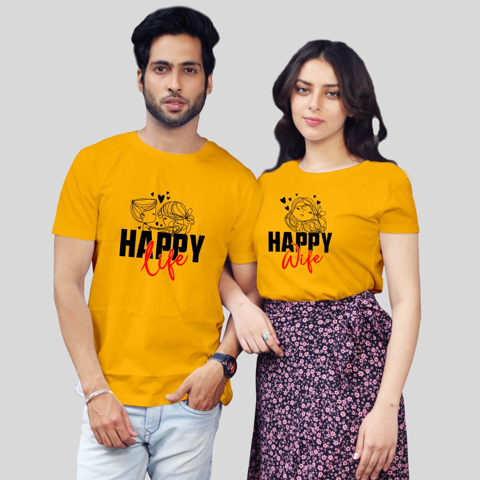 Couple T Shirt For Husband Wife In Yellow Colour - Happy Wife Happy Life 
