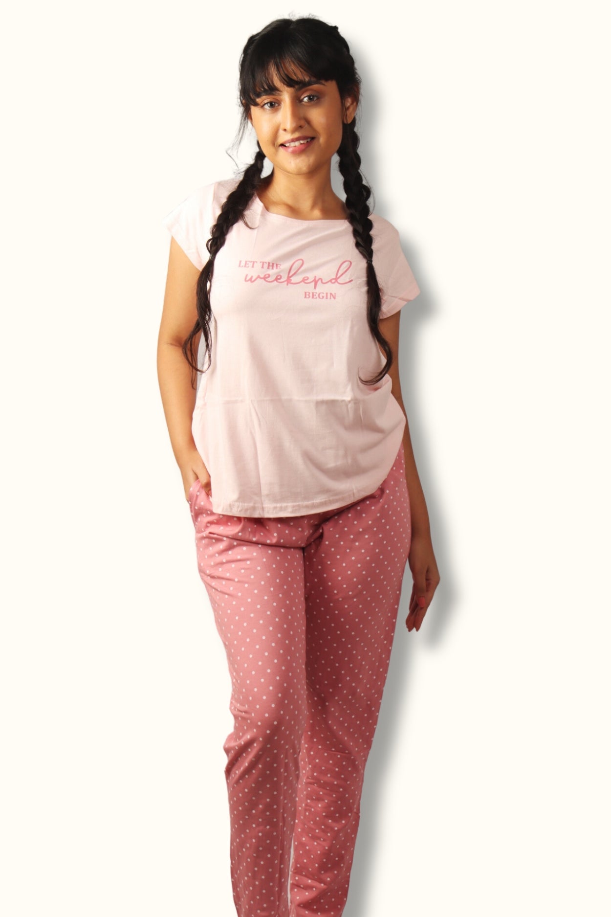 Night Suit For Women In Pink Colour - Let The Weekend Begin