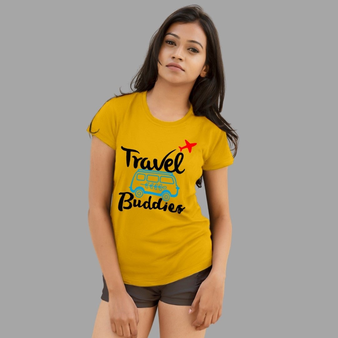 Printed Graphic T Shirt For Women In Yellow Colour -Travel Buddies Variant