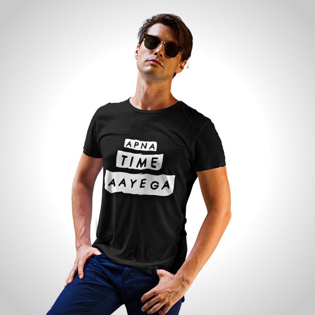 Printed Graphic T Shirt For Men In Black Colour - Apna Time Ayega Variant