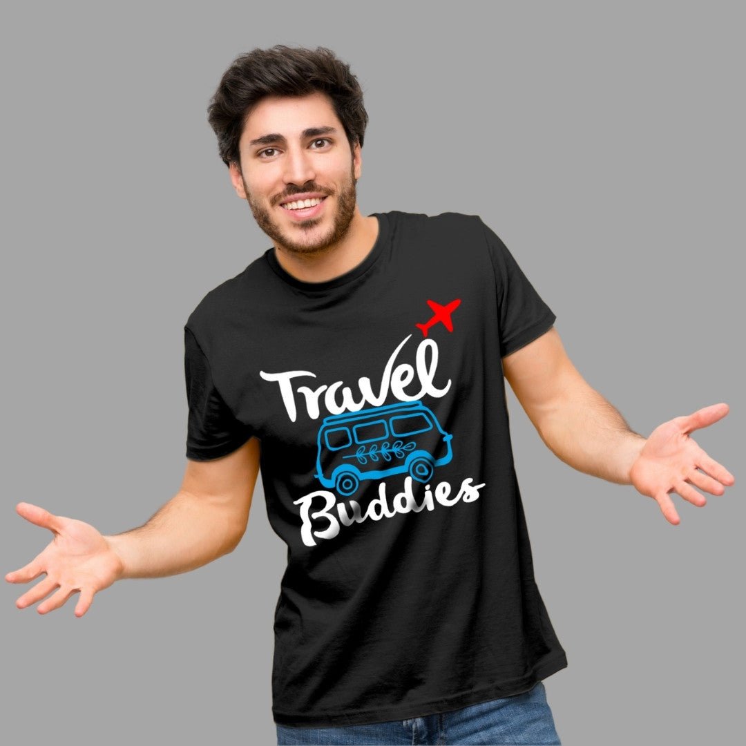 Printed Graphic T Shirt For Men In Black Colour - Travel Buddies Variant