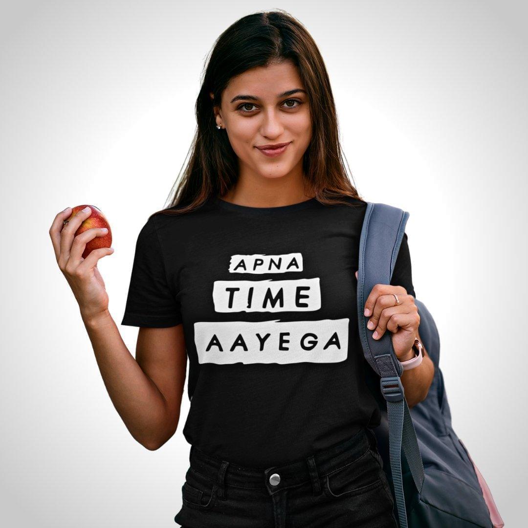 Printed Graphic T Shirt For Women In Black Colour - Apna Time Ayega Variant