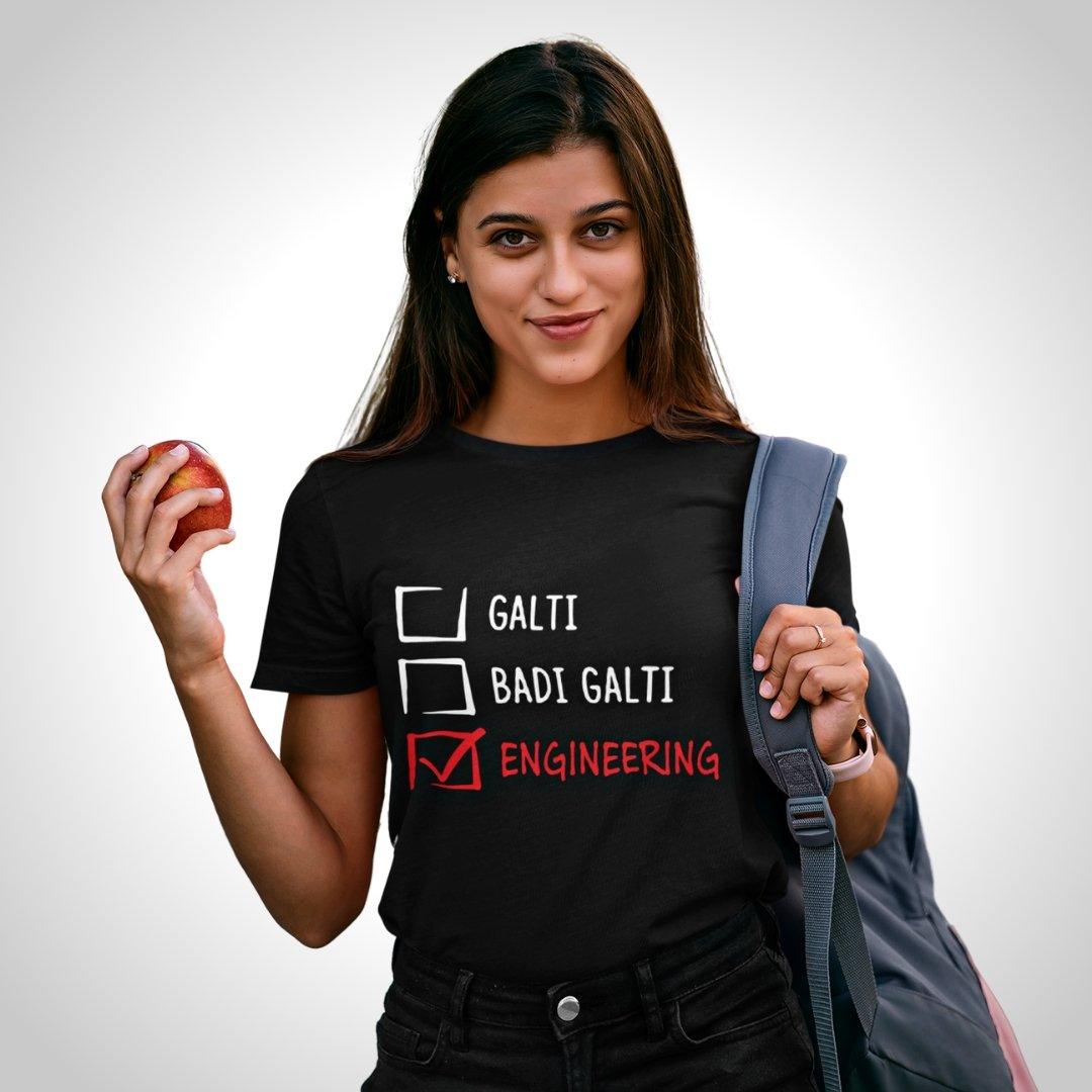 Printed Graphic T Shirt For Women In Black Colour - Sabse Badi Galti Engineering Variant