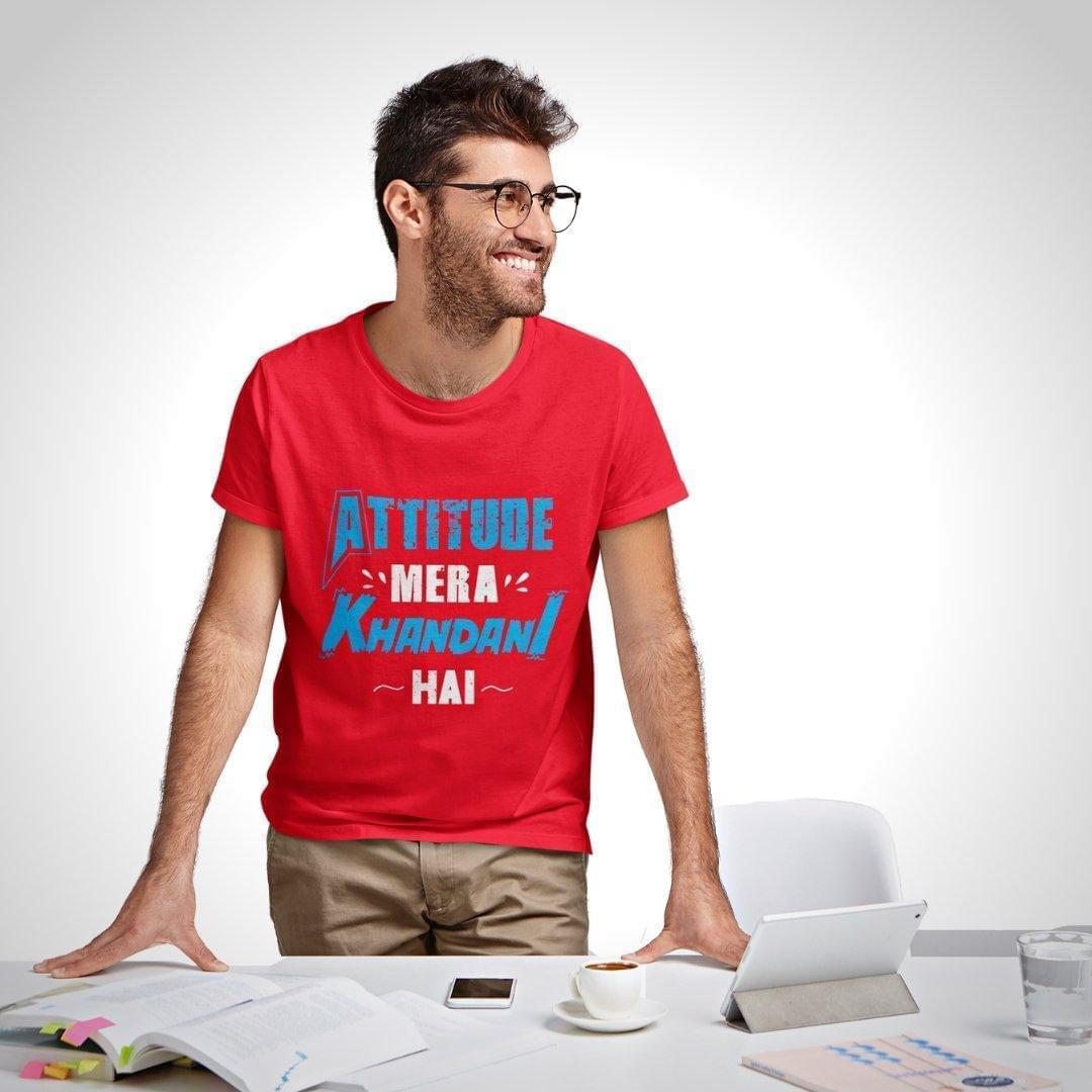 Printed Graphic T Shirt For Men In Red Colour - Attitude Mera Khandani Hain Variant