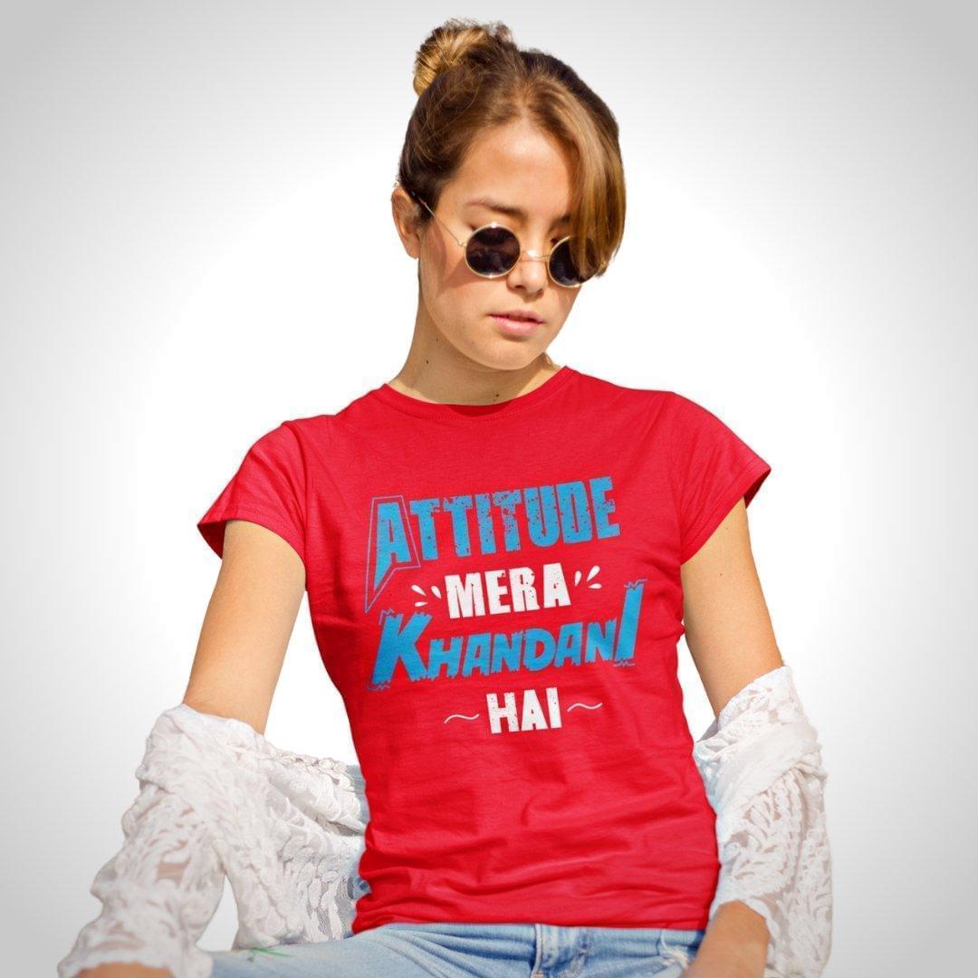 Printed Graphic T Shirt For Women In Red Colour - Attitude Mera Khandani Hain Variant